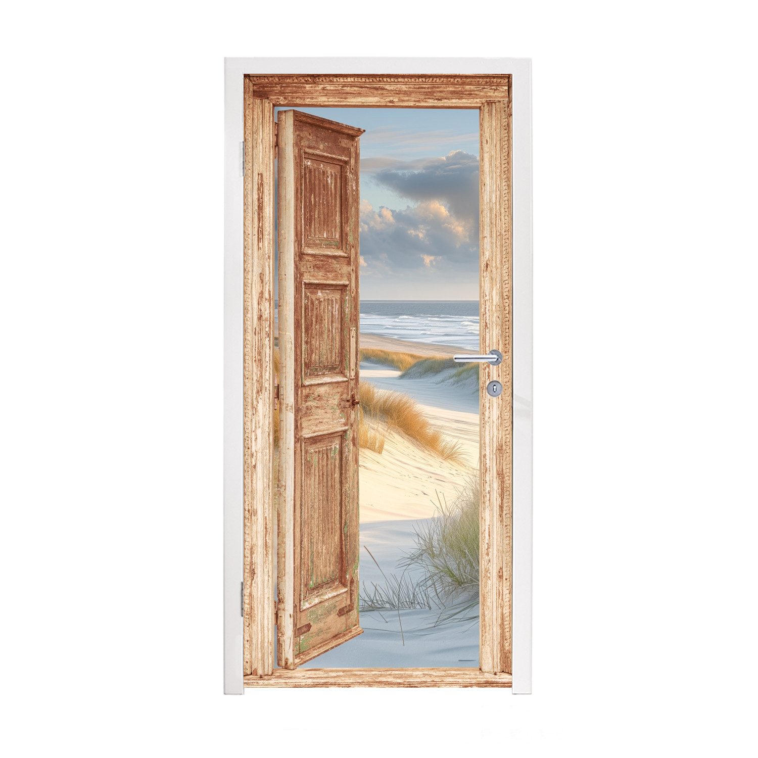 MuchoWow Türtapete Hellbraune Tür - Aussicht - Dünen - Strand, Matt, bedruckt, (1 St), Selbstklebende Tapete, Folie für Möbel, 75x205 cm