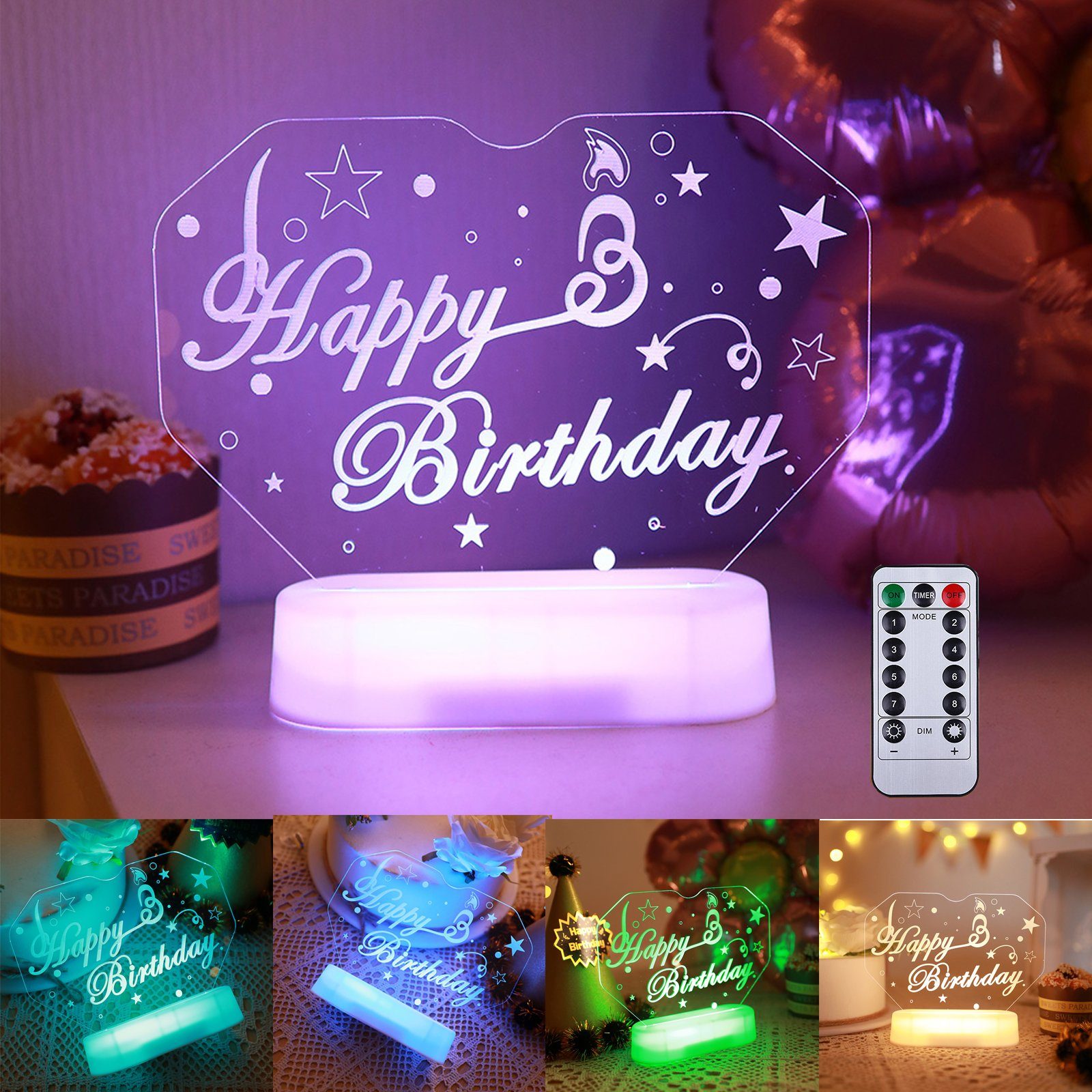 Batteriebetrieben Geschenke Fernbedienung, Nachtlicht (mit Birthday Sunicol 3D Party, RGB Fernbedienung) Nachttischlampe, Happy Tischlampe, mit Geburtstag LED Leuchte Acryl RGB