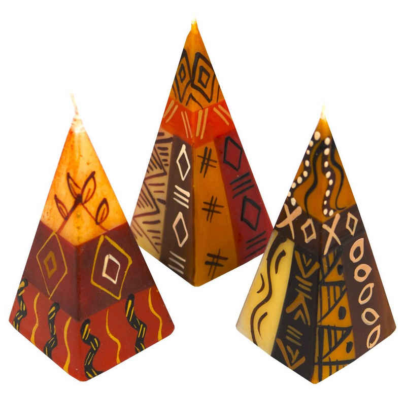 Afrika-Deko Formkerze 3er Set afrikanische Pyramidenkerzen (Spar-Set, 3 Kerzen), Afrika-Deko 3er Kerzenset handbemalte Pyramidenkerzen aus Afrika handgefertigte afrikanische Pyramiden Kerze in verschiedene Designs