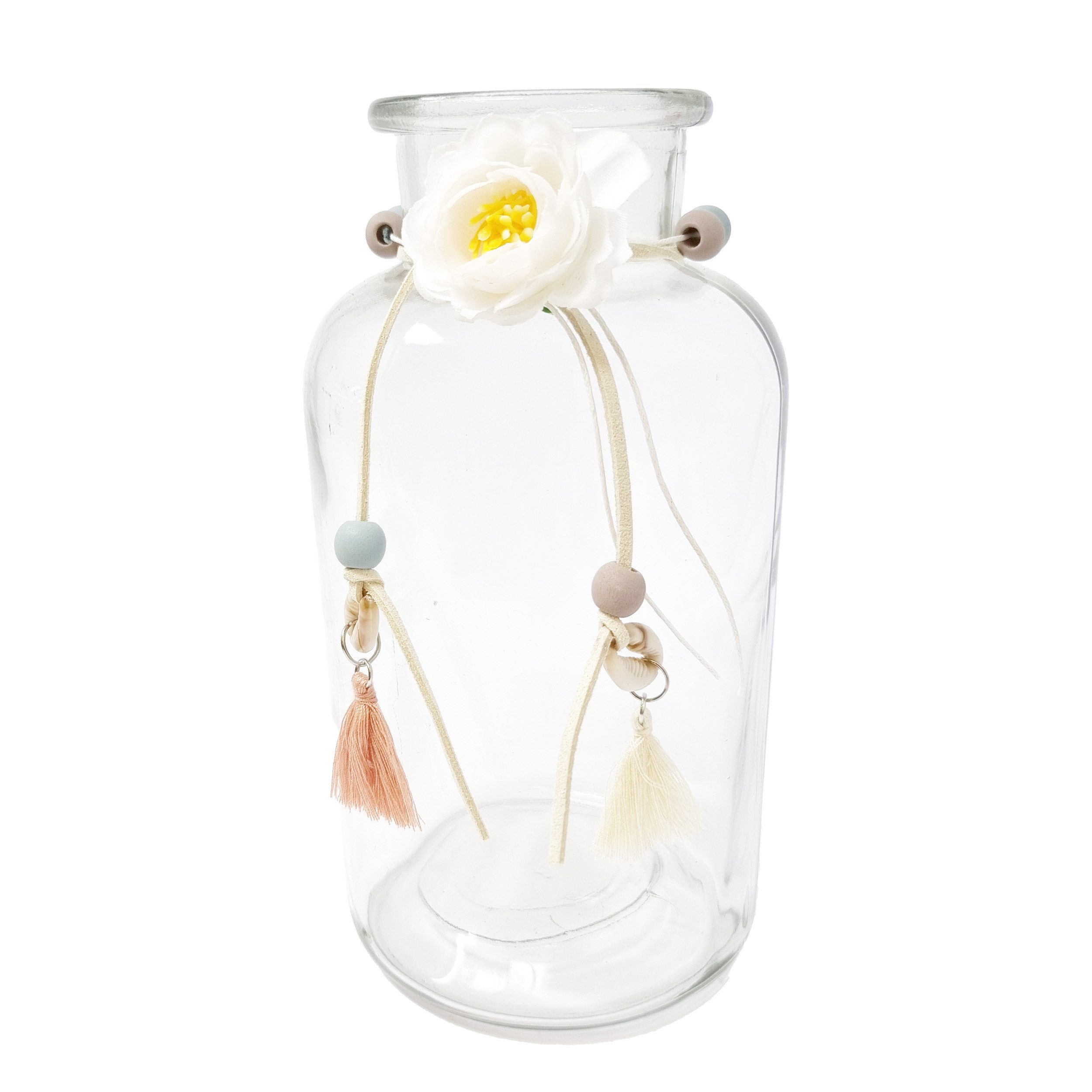 Dekofigur Glasvase Flaschenform H 20cm Ø 10cm Transparent Weiße Blumenschleife