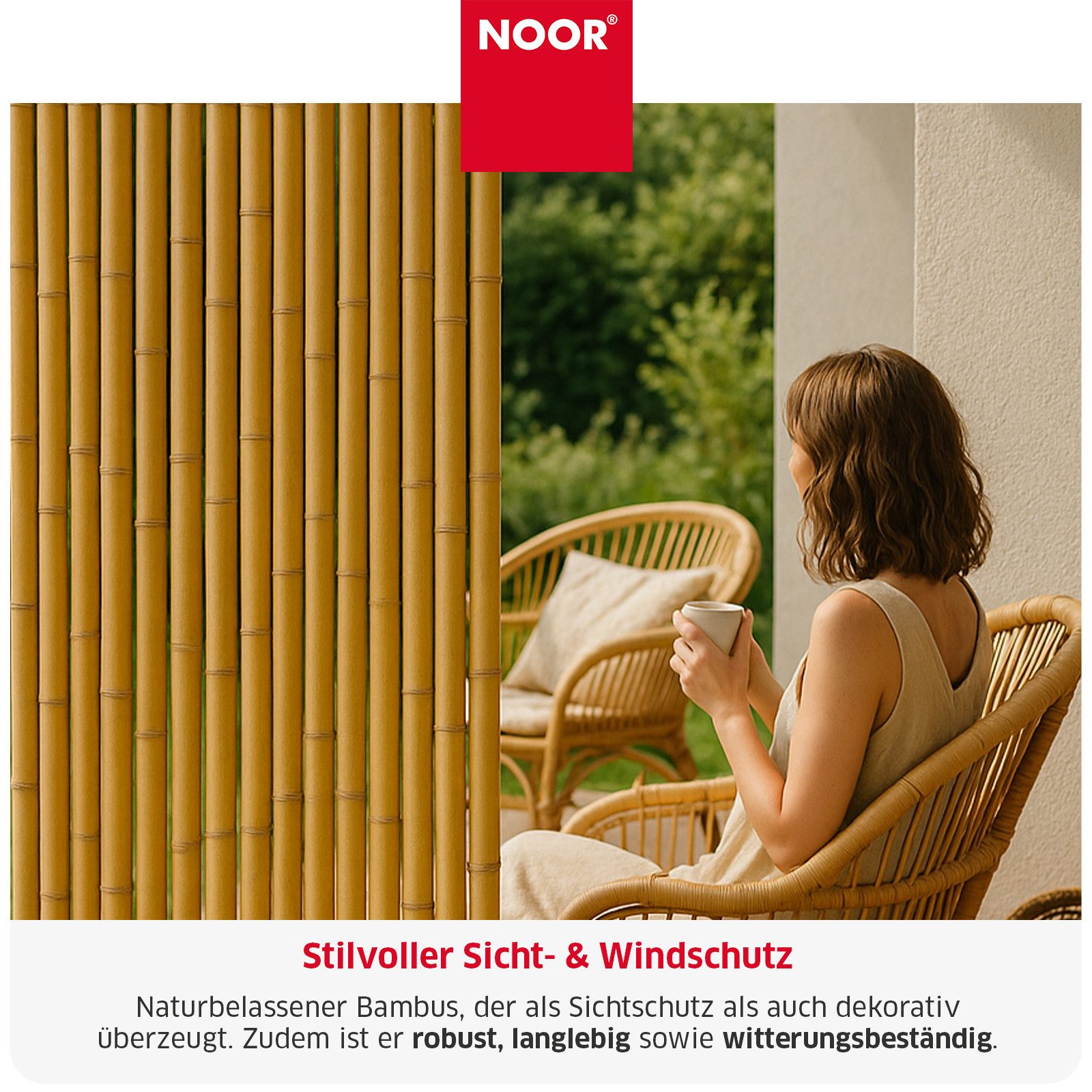 NOOR Sichtschutzzaunmatten Bambusmatte DELUXE - extra dicke Bambusstäbe, stilvoller Sichtschutz für Garten, Terrasse und Balkon