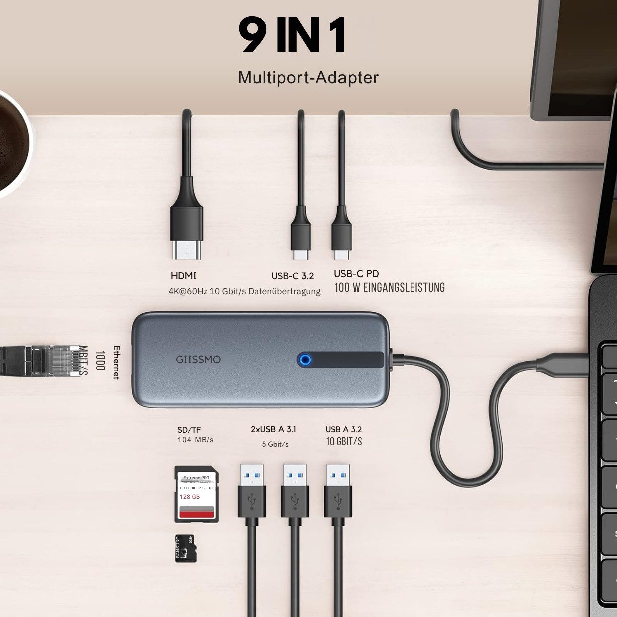 Vivitar 9-in-1-USB-C-Hub-Dockingstation mit 4K@60Hz-HDMI, 100W Power Delivery, USB-Adapter Hochgeschwindigkeits-Datenübertragung, Schnellladen, stabile Netzwerkverbindung zu Multiport-Adapter für MacBook Pro, Air, M1, M2, Dell, HP, Lenovo, Windows-Laptops und USB-C-Geräte, RJ45-Gigabit-Ethernet (1000 Mbit/s), USB-C 3.2 Gen 2 (10 Gbit/s)