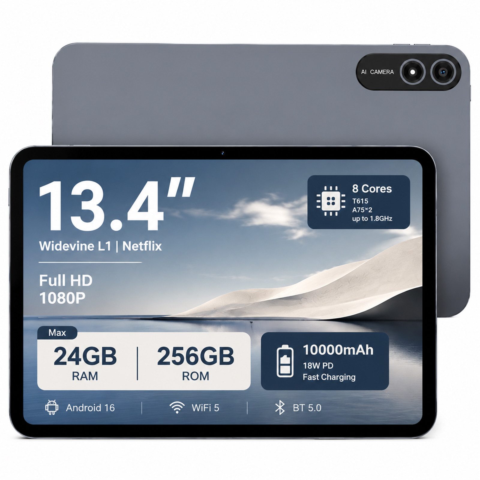 SHOU SPad 13,13,4" FHD, Android 16, 5G WiFi, incl.Displayschutzfolie/ Hülle Tablet (13.4", 256 GB, Android 16, WiFi, 10000 mAh, Gemini AI, inklusive Tablet-Hülle und Displayschutzfolie)