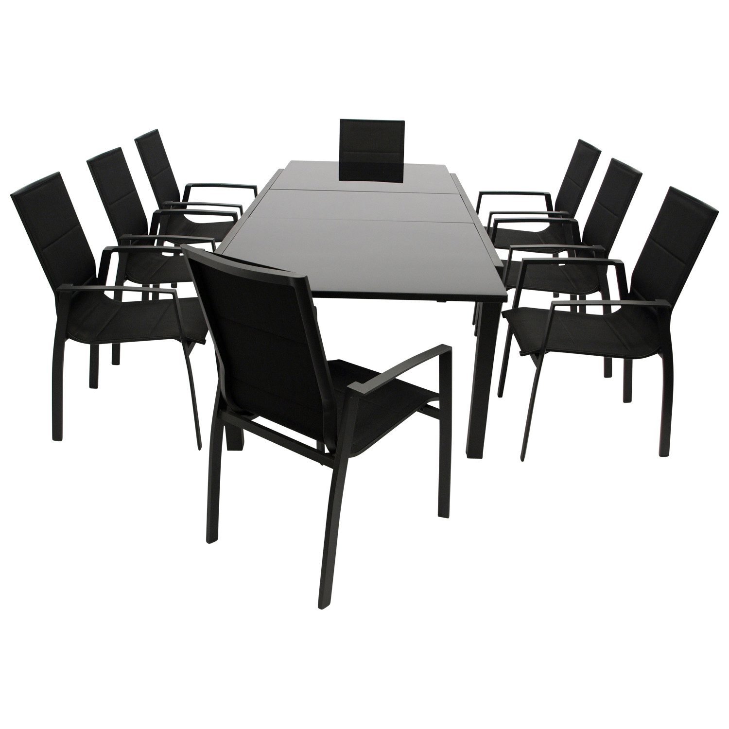 DEGAMO Garten-Essgruppe ELBA 9-teilig, 8x Stapelsessel, 1x Ausziehtisch, Alu anthrazit + Glas schwarz