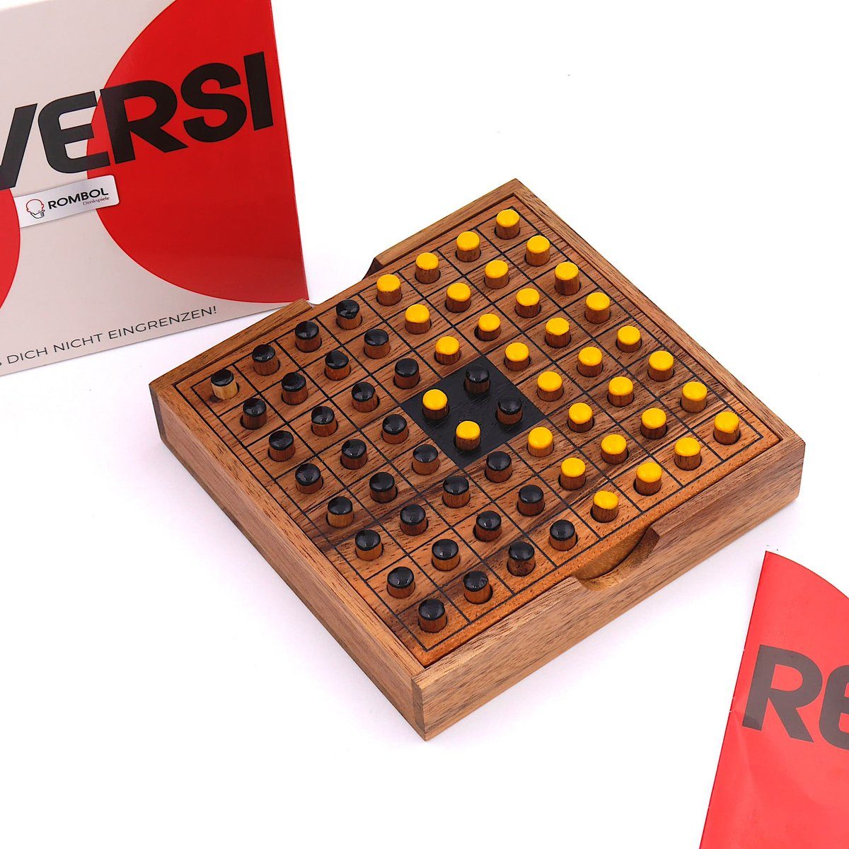 ROMBOL aus – Interessantes Holz, Spiel, Denkspiele Reversi Holzspiel für Brettspiel Strategiespiel 2 Personen gelb/schwarz edlem