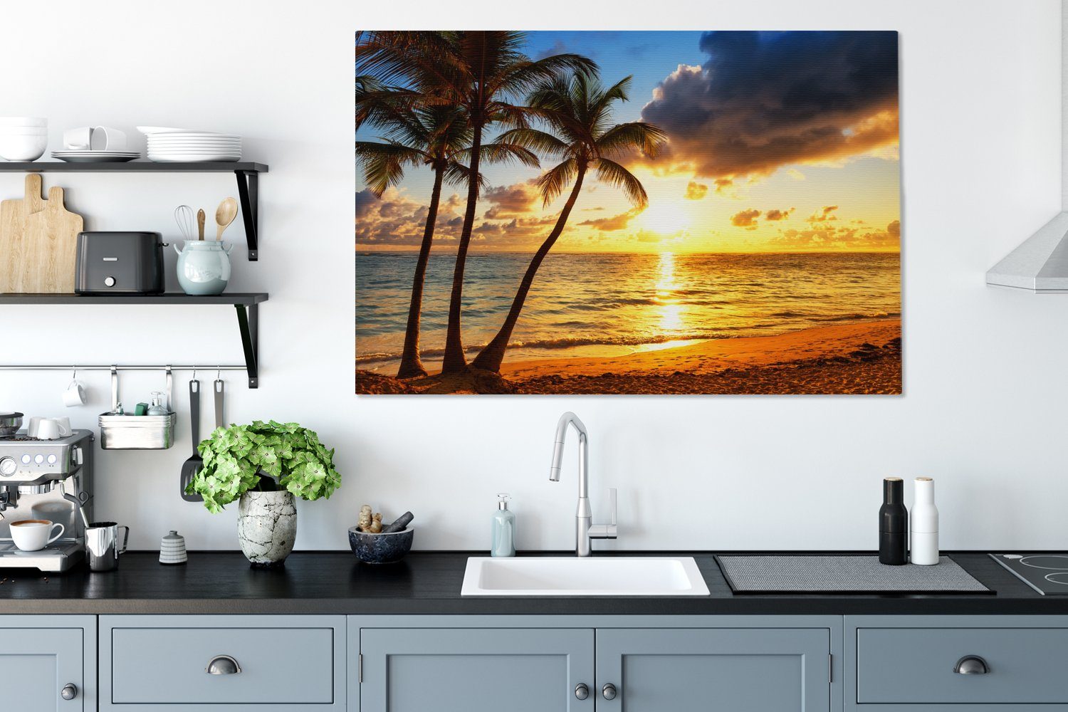 OneMillionCanvasses® Leinwandbild Strand - Horizont Meer, (1 120x80 XXL, cm Palme für St), Sonnenuntergang alle - Wandbild - großes, - Wohnbereiche, Gemälde