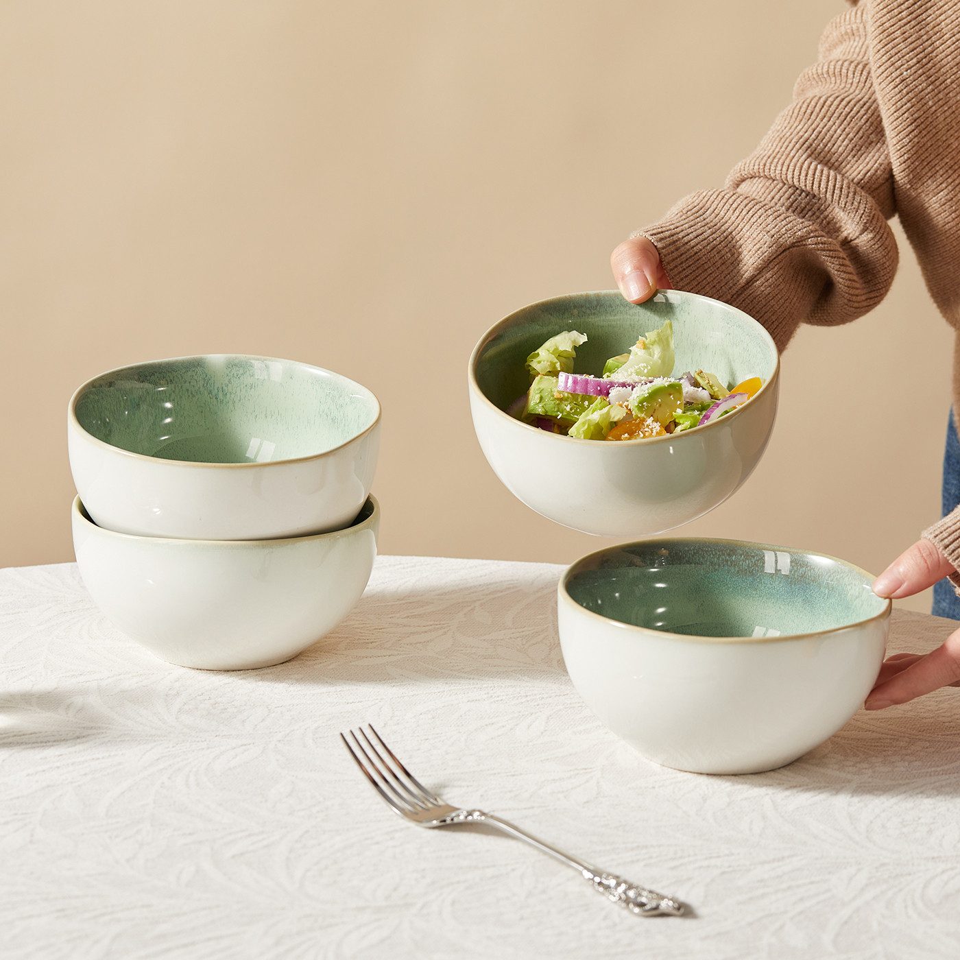 JIWOO Salatschüssel 4er Ø13.5cm, Müslischüssel Suppenschüssel Dessertschale Obstschale, Keramik, (Schüsselset, 4-tlg), Hochwertiges Schüsseln Grün Mikrowellen und spülmaschinenfest Ø13,5cm