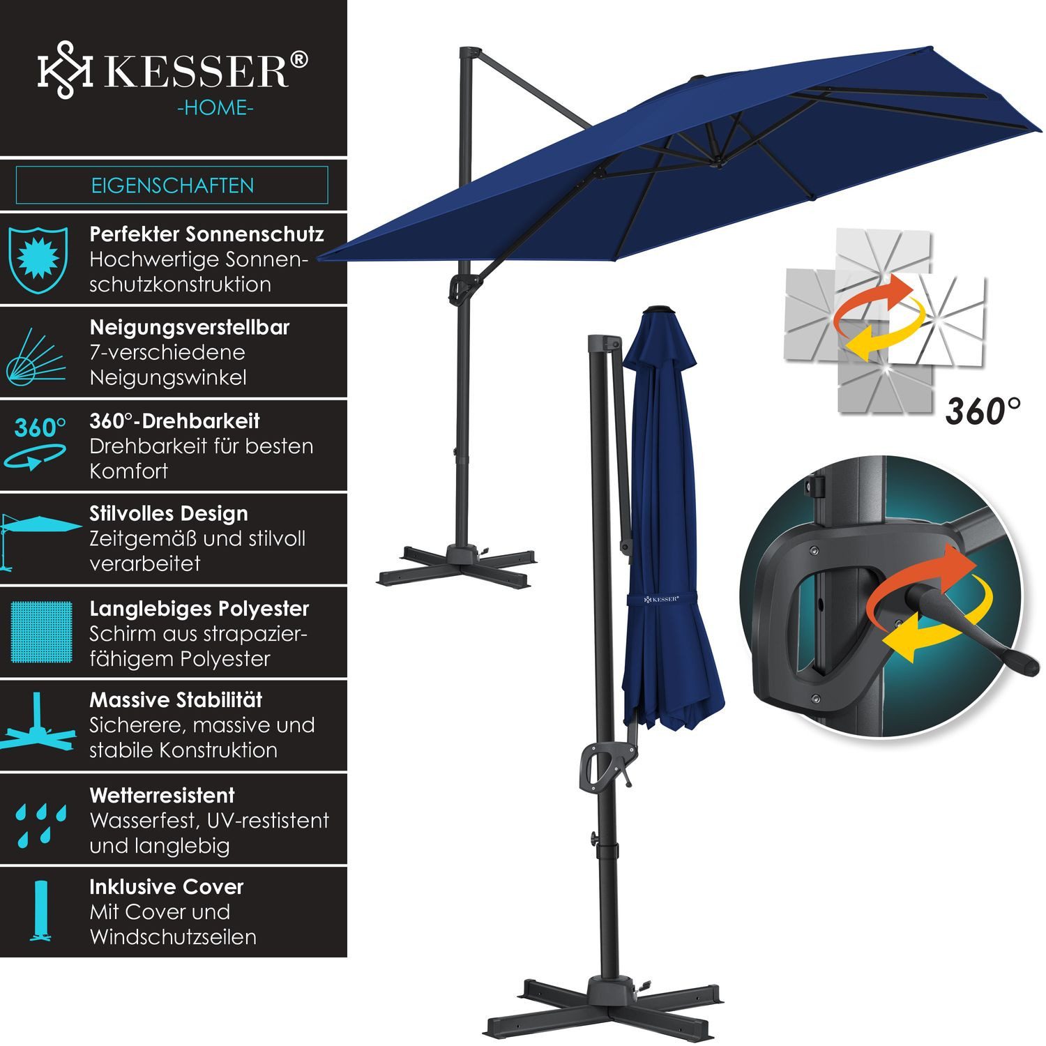 Thumbnail - KESSER Ampelschirm, Sonnenschirm Ampelschirm SUN XL 300 300 cm Inkl. Abdeckung