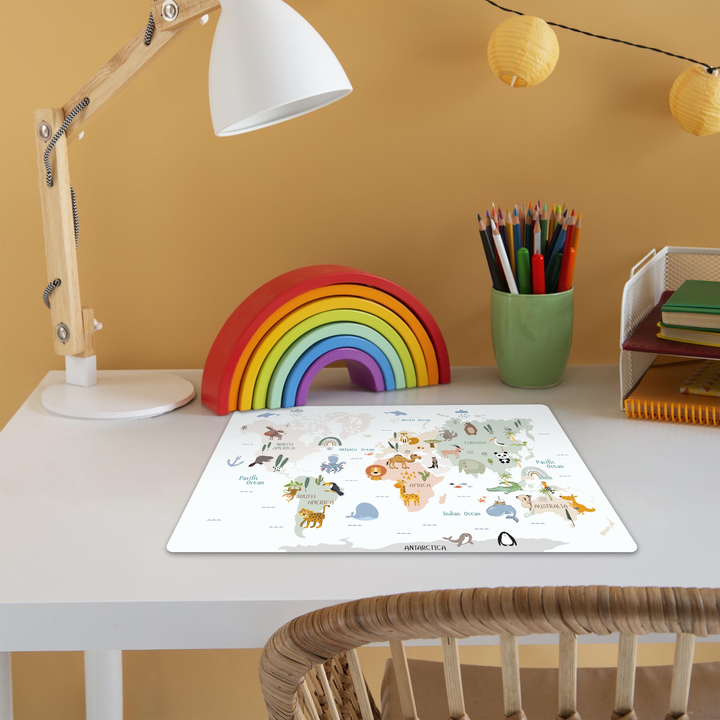 MuchoWow Platzset Weltkarte - Tiere - Kinder - Pastell, (1-St), Kinder-Arbeitsunterlage Schreibtisch, Bastelmatte Kind, Zeichenmatte – Bild 3 von 5