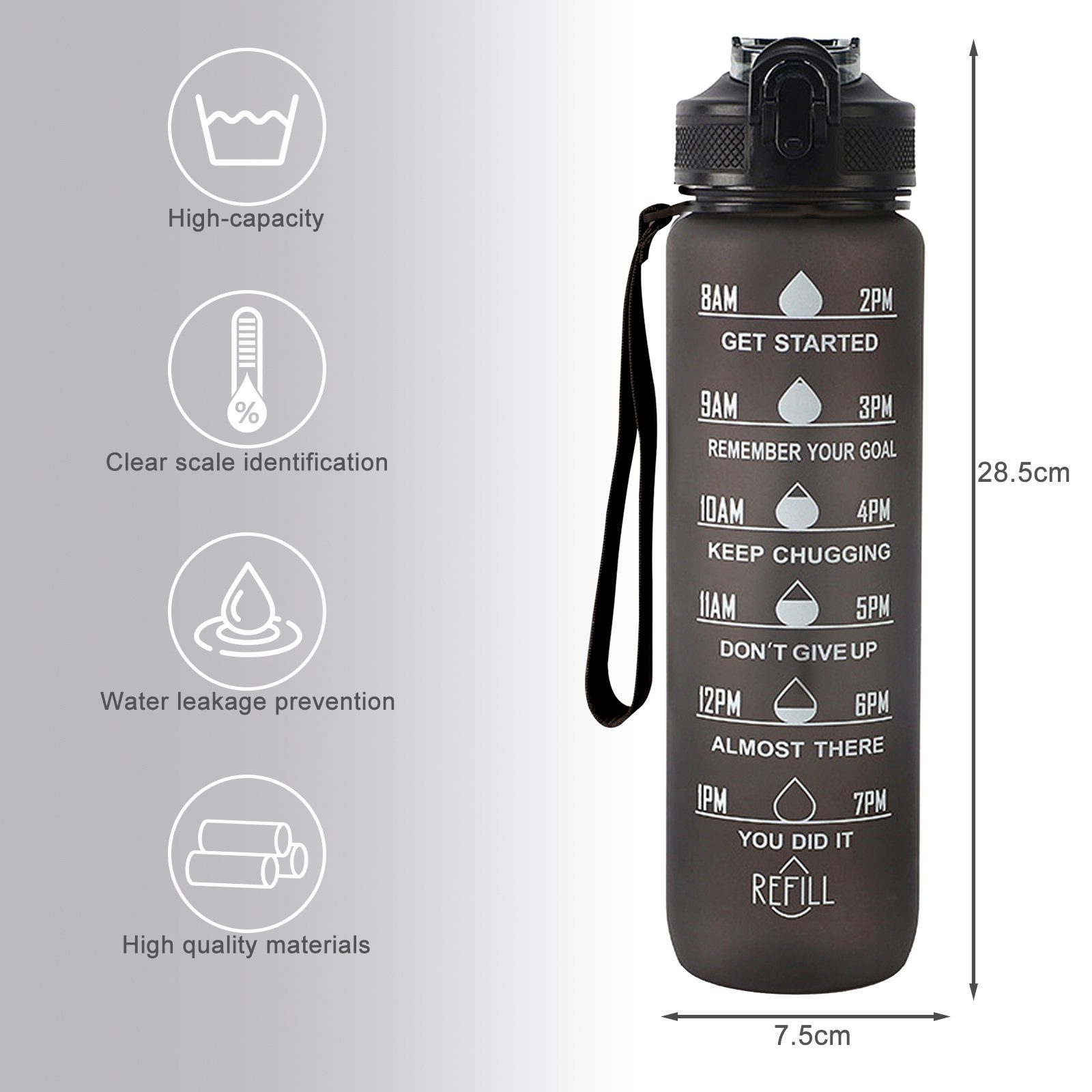CALIYO Trinkflasche Trinkflasche BPA-Frei, 1L Erinnerung Trinkzeit an Sport Kostenlose Wasserflasche, Schwarz mit Krüge Auslaufsicher Zeitmarkierungen Die