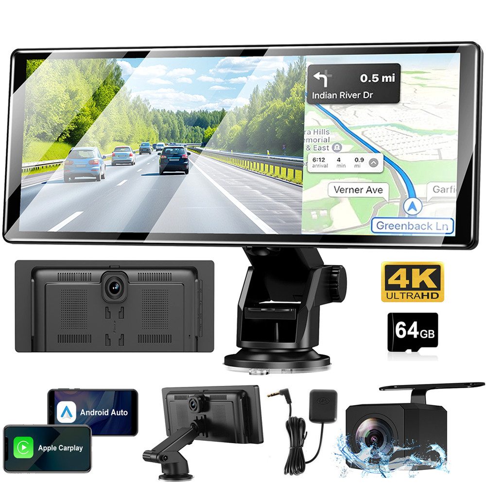 XGODY 11.3" 4K Dashcam Wireless Android Auto Rückfahrkamera CarPlay Dashcam (HD, Touchscreen FM AUX Tragbar Autoradio Rückfahrkamera IPS)
