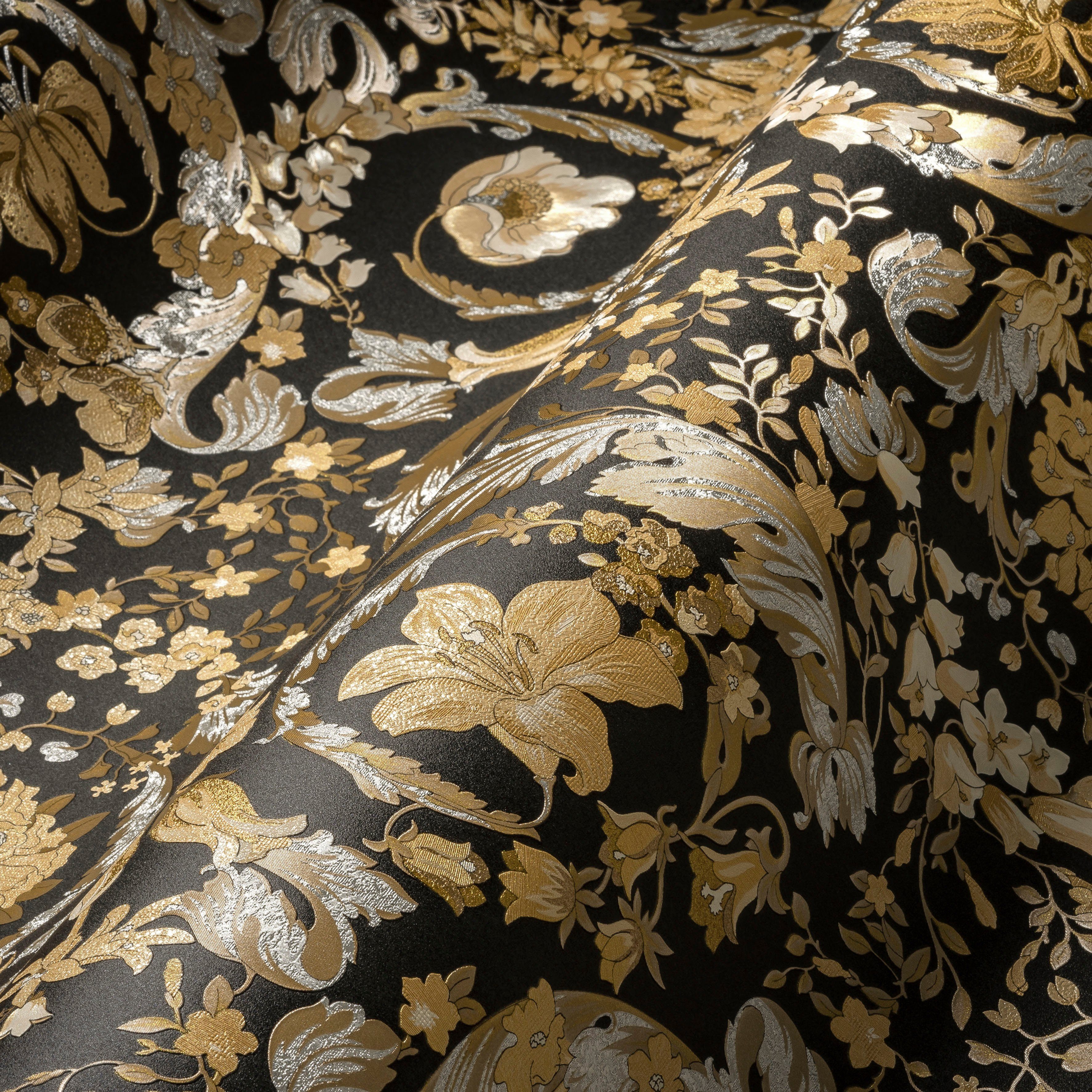 Versace St), goldfarben/schwarz leicht Vliestapete (1 leicht strukturiert, glänzend, Versace Floral, Wallpaper 5 Designertapete