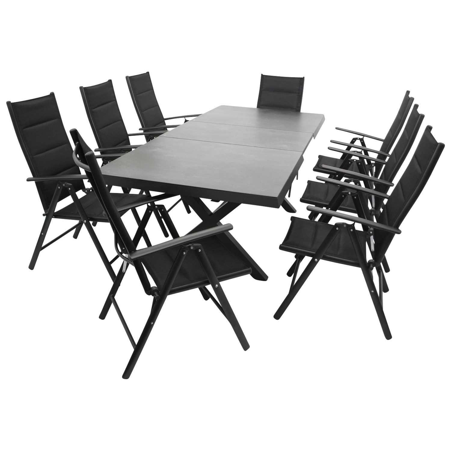 DEGAMO Garten-Essgruppe ALMADA 9-teilig, 8x Klappsessel, 1x Ausziehtisch Keramikoptik, Alu anthrazit