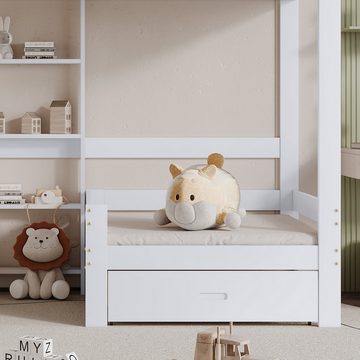 XDeer Kinderbett Etagenbett mit Regalen und Sofa, Holzbett mit einer Schublade, 90x200 cm, Fünfstufiger Schrägleiter, Bettrahmen aus Massivholz