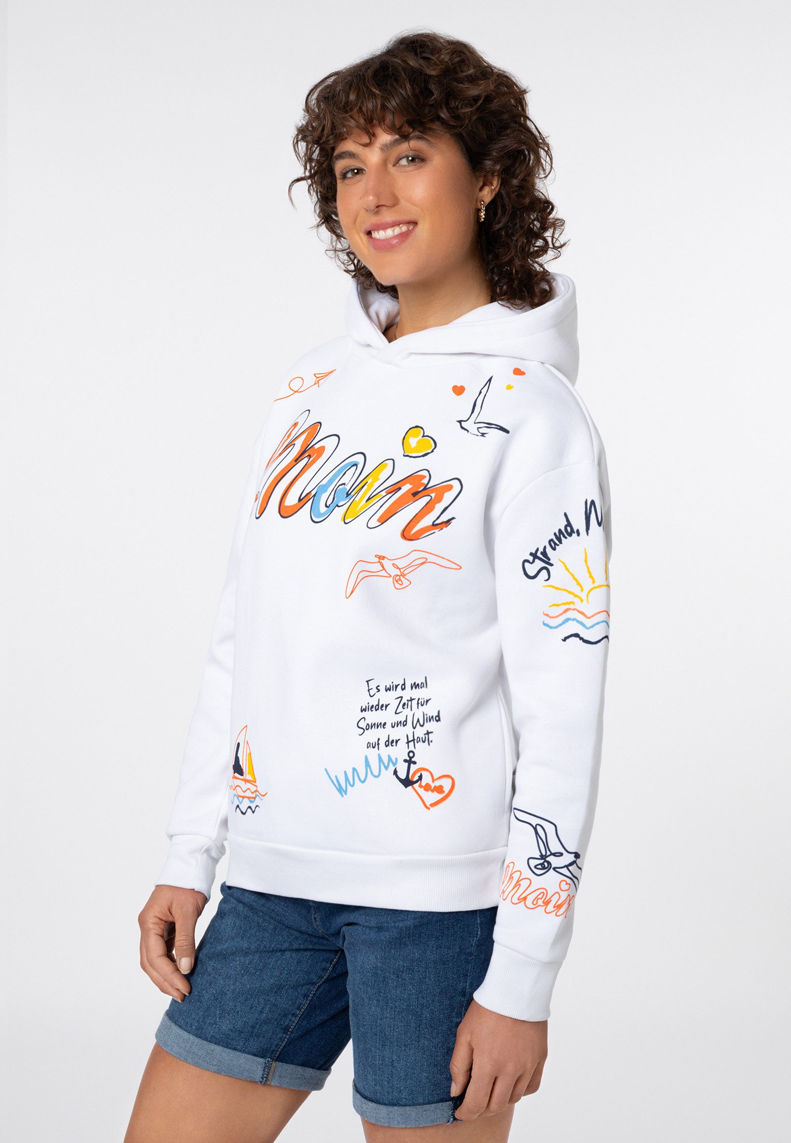 Eight2Nine Kapuzenpullover Damen Hoodie Kapuzenpullover allover Küstenprint Sweater, Kapuzensweatshirt mit seitl. Eingrifftaschen