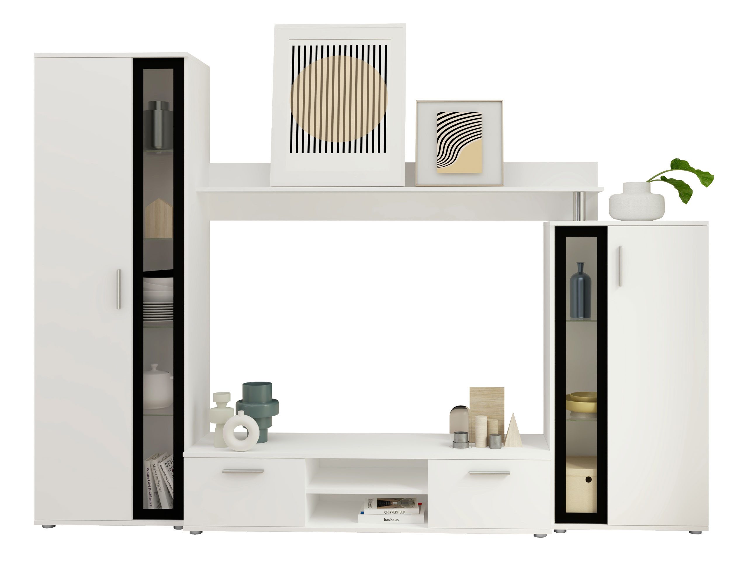 MIRJAN24 Wohnwand Bentley, (4er-Set, TV-Lowboard, Hochvitrine, Wandregal, Vitrine), Praktische Anbauwand mit viel Stauraum