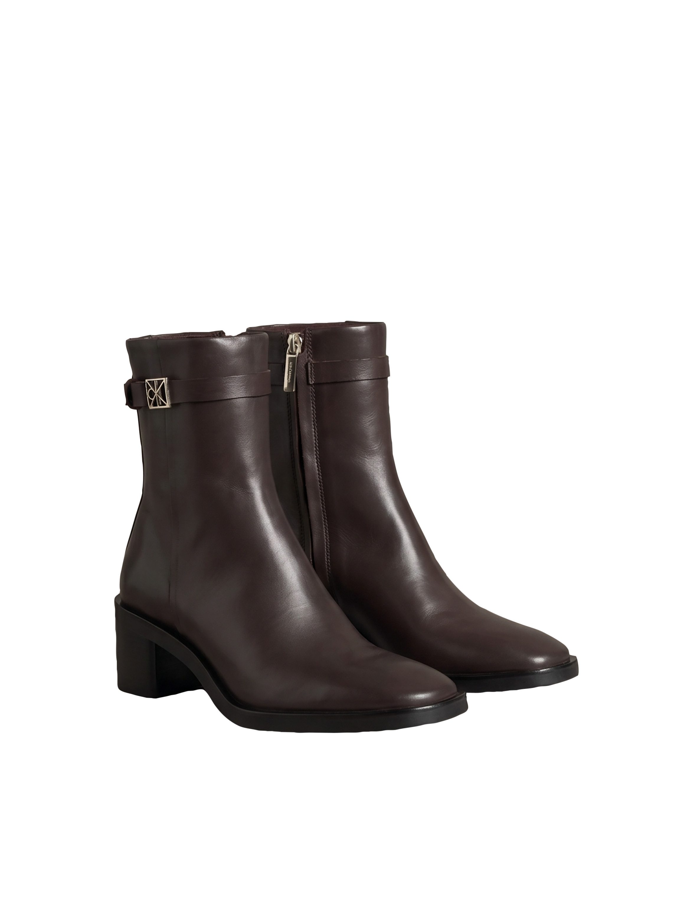 Calvin Klein BLOCK HEEL ANK BOOT LTH HDW Stiefelette Ankle Boots mit CK-Schnalle, eckige Schuhspitze und Reißverschluss