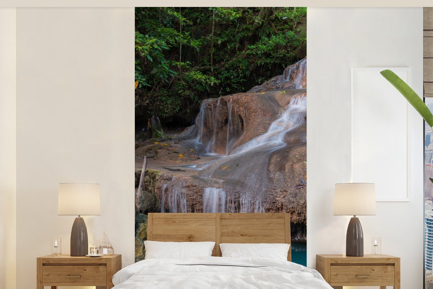 MuchoWow Fototapete Wasserfall - Felsen - Fototapete Wohnzimmer Schlafzimmer Vliestapete (2 Landschaft, bedruckt, für Matt, St), Küche