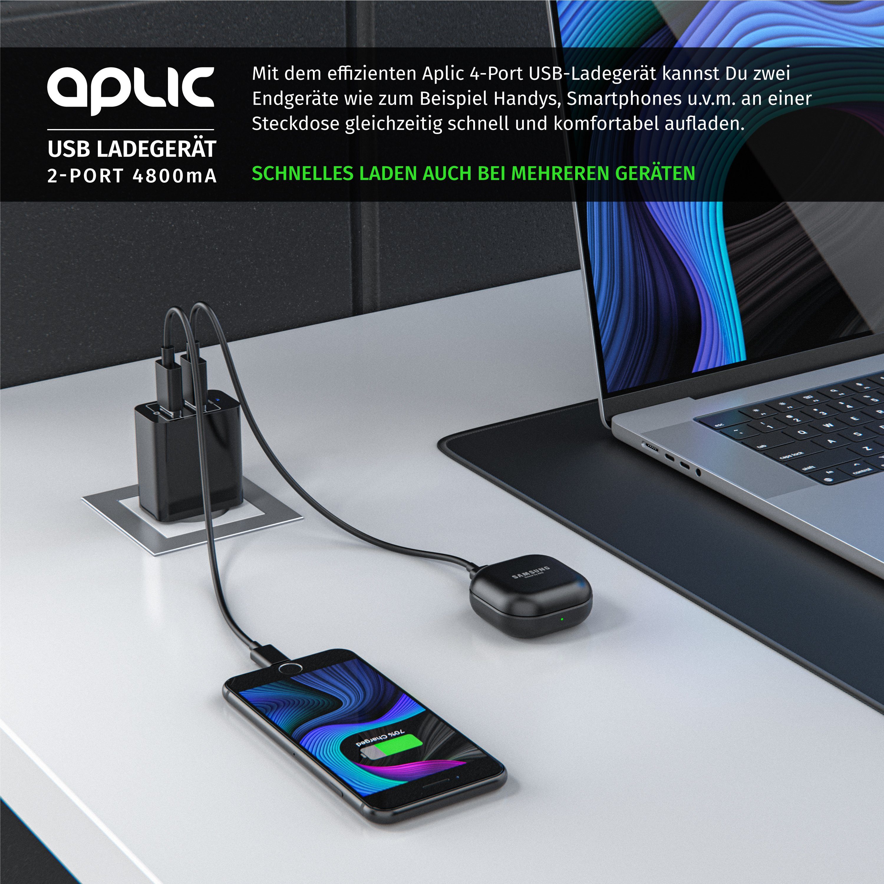 Aplic 2-Port Netzteil für Handy/Smartphone/Tablet, 4800mA -2400mA je Port USB-Ladegerät (4800 mA, 1-tlg., 24 Watt Dual Port Smart USB Charger mit Power LED, 480 – Bild 5 von 5