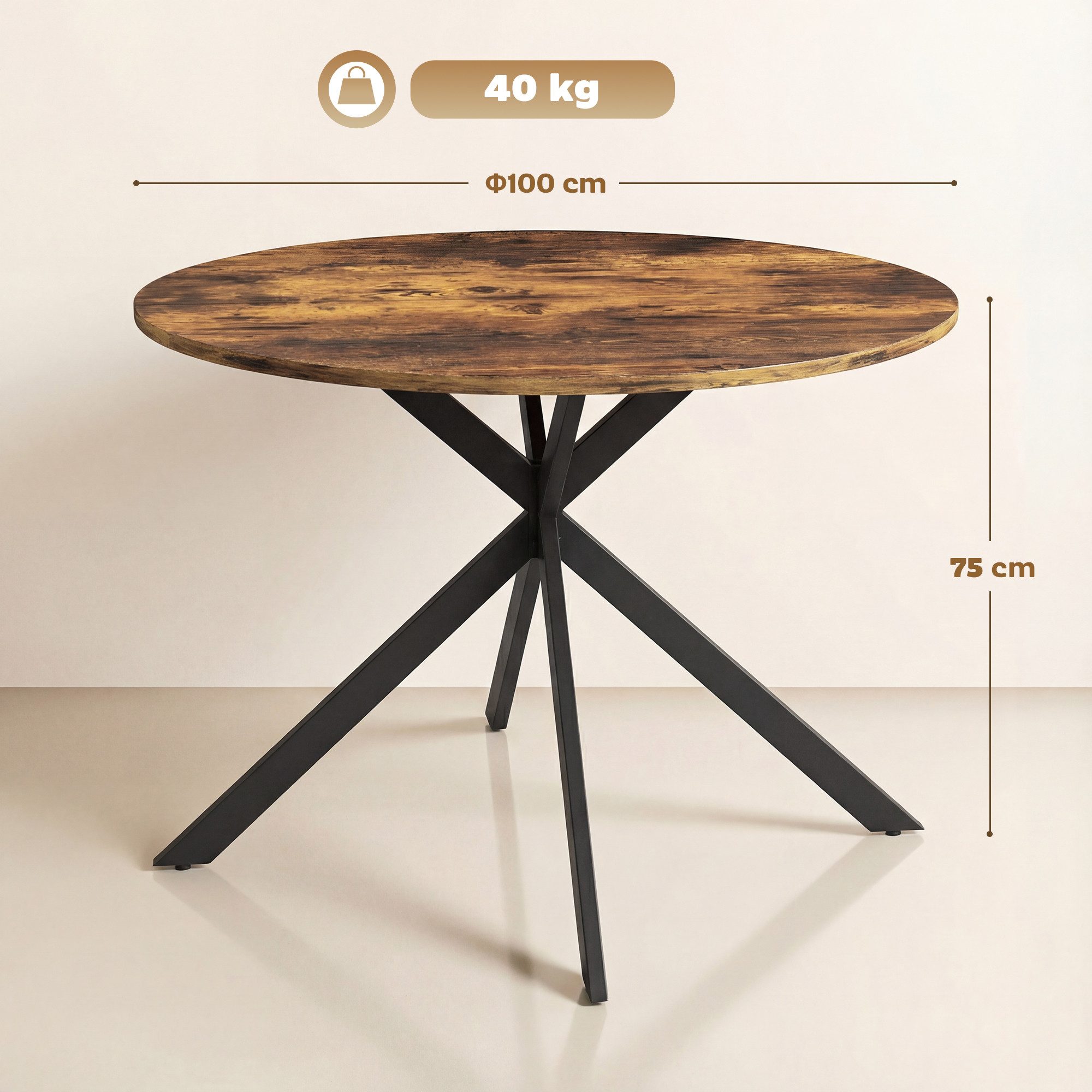 HOMCOM Esstisch Küchentisch im Industriestil mit Stahlbeinen für 4 Personen (für Esszimmer, Küche, Wohnzimmer, 1-St., rund, 100 x 100 x 75 cm), Rustikal-Braun – Bild 3 von 5