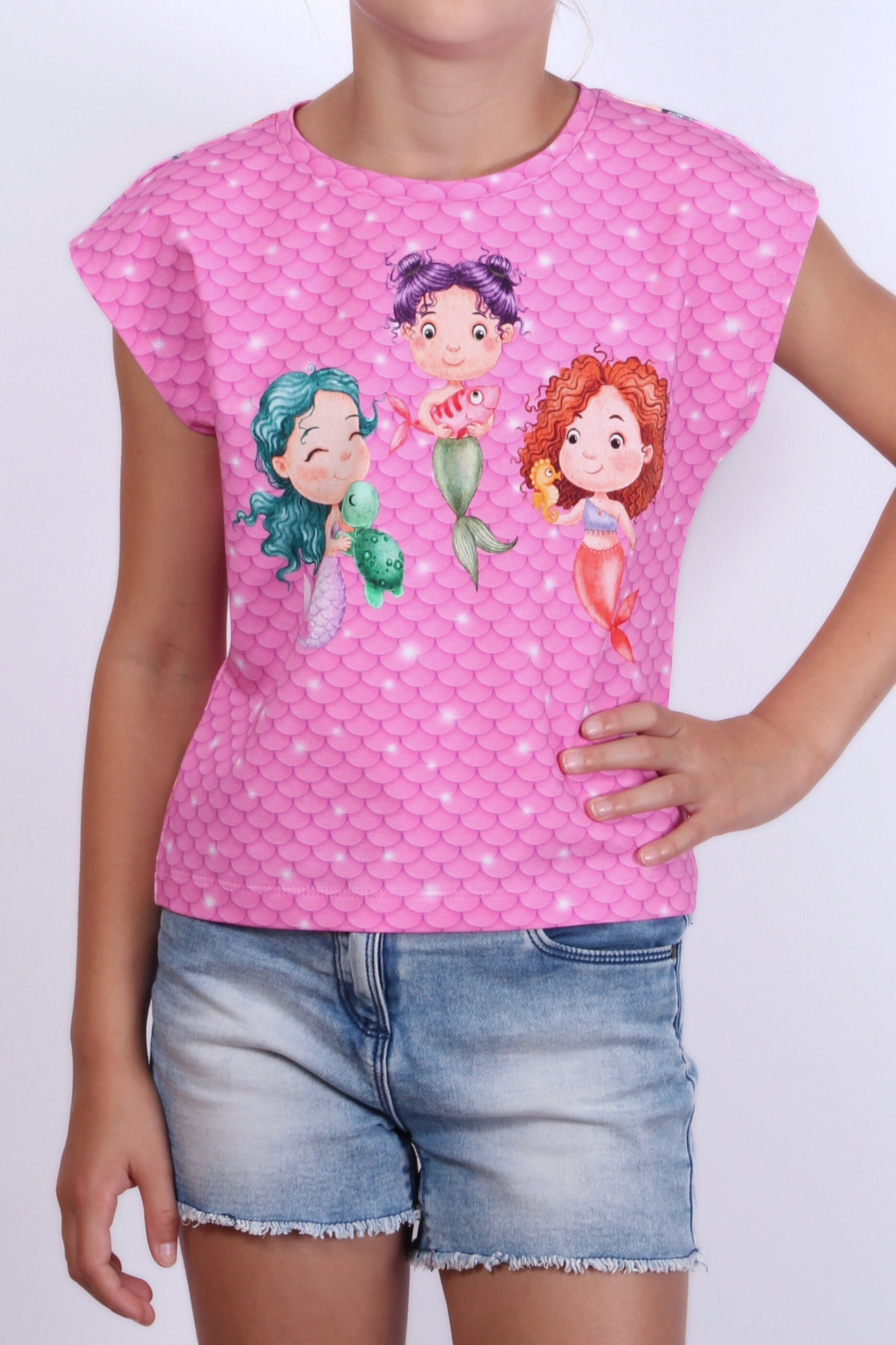 für T-Shirt Baumwolle, europäische Print-Shirt Motiv Mädchen Produktion Meerjungfrau coolismo