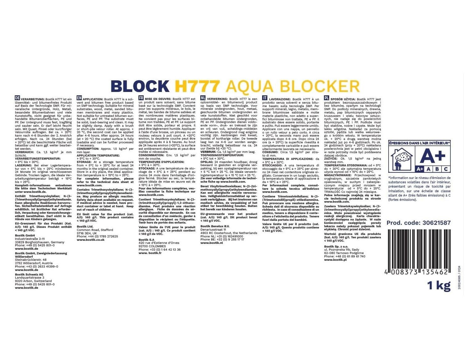 BOSTIK Dichtstoff Bostik Block H777 Universal Hybrid Abdichtung Aqua Blocker 1kg Dose, gebrauchsfertig, UV-beständig