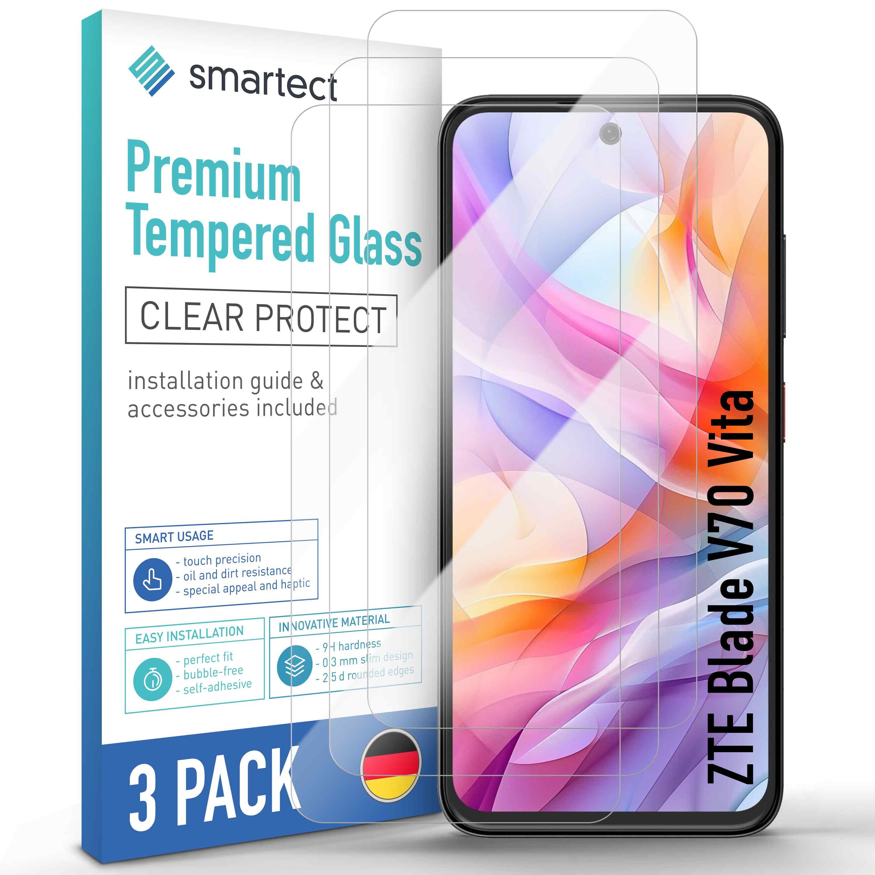 smartect Displayschutzglas 3X Schutzglas Panzerfolie Klar für ZTE Blade V70 Vita für ZTE Blade V70 Vita, Set, 3 Stück, 0.3 mm Ultra-klar, 9H Härte, Kratzfest, Stoßfest, Blasenfrei, Oleophob