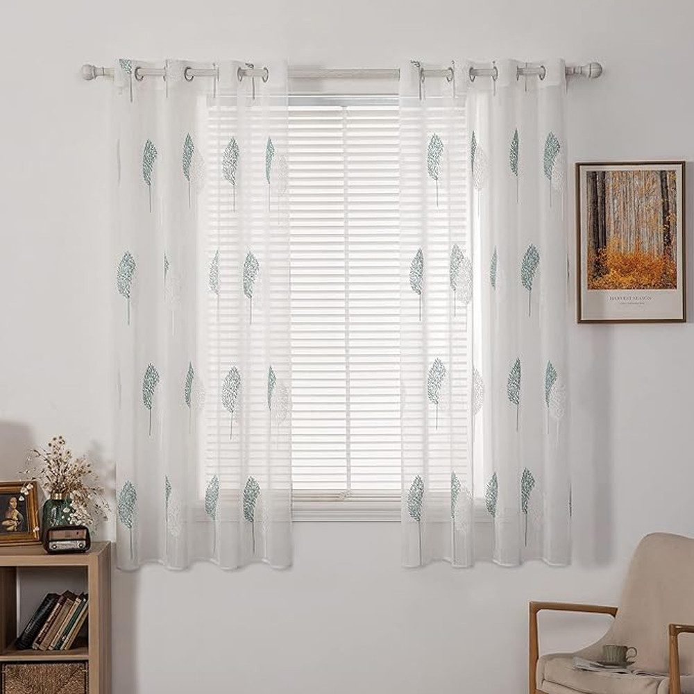 TUWENA Gardine Schöne Stickerei Gardine 2 St,Gardinen mit Ösen,Vorhang Blätter Muster