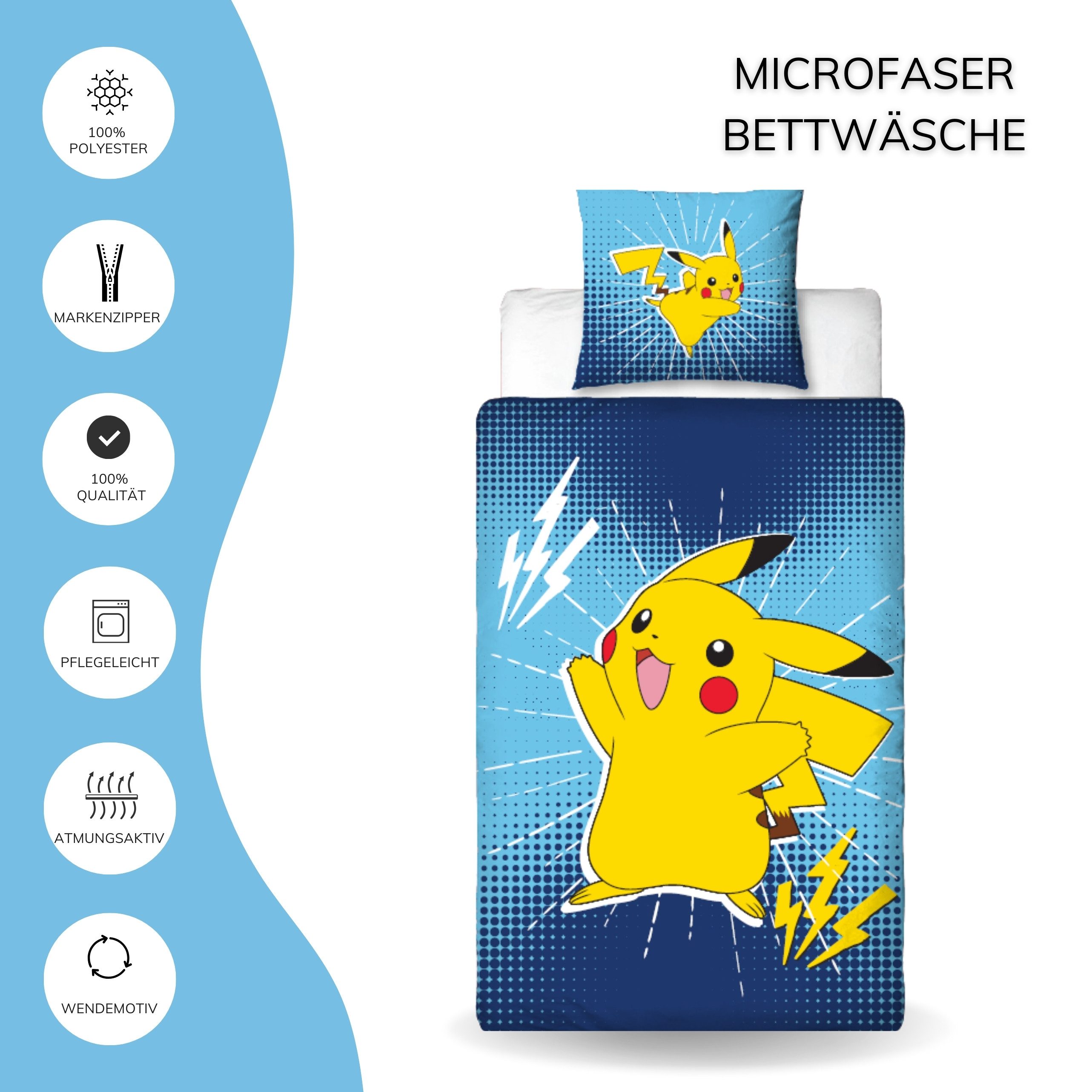 MTOnlinehandel Bettwäsche Pika Power Pokemon 135x200 + 80x80 cm, Pikachu, Microfaser, 2 teilig, Geschenkidee für Mädchen und Jungen, Wende-Motiv