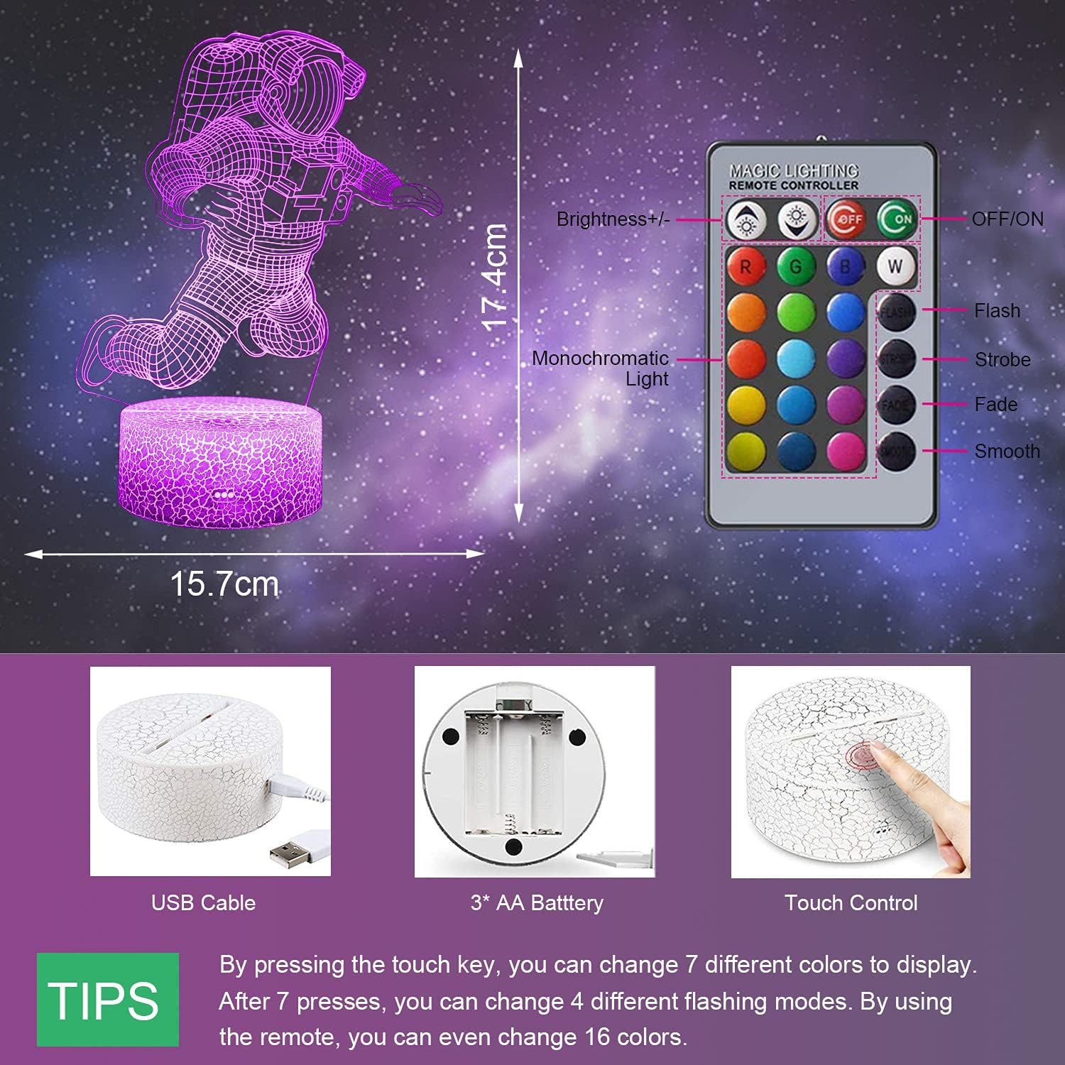 Dreamy Cubby Nachtlicht 3D Nachtlicht Astronaut LED Lampe mit Fernbedienung 16 Farben, LED, energiesparend, langlebig mit bis zu 100.000 Stunden Lebensdauer., Bunt, 3D Effekt Nachtlicht mit Farbwechsel und Fernbedienung LED