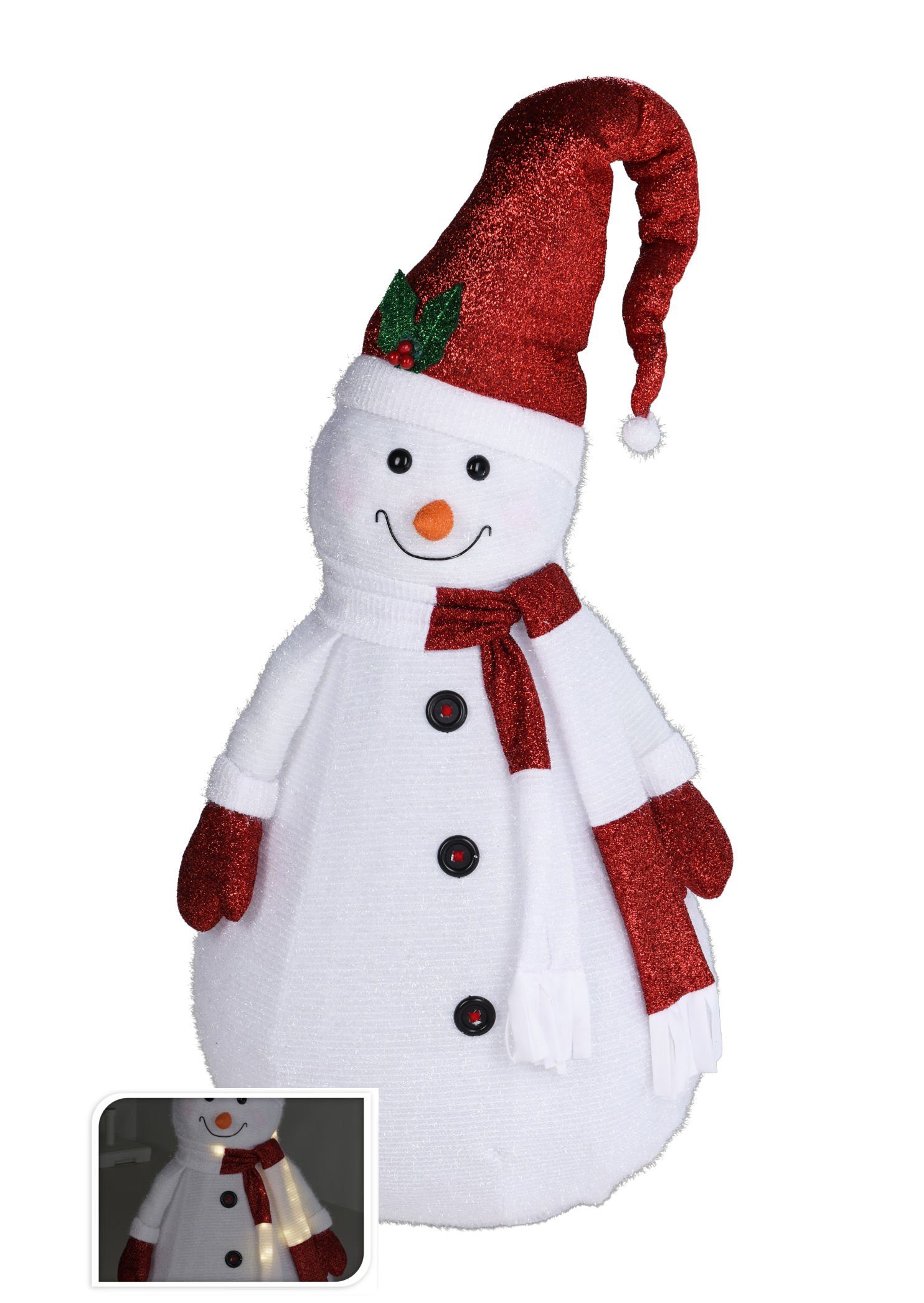 Spetebo Schneemann LED XXL Stoff Schneemann 140cm für Außen mit Timer (Komplett-Set, 1 St., Schneemann mit beleuchtetem Schal), Beleuchtete Garten Deko Figur wasserfest Batterie betrieben