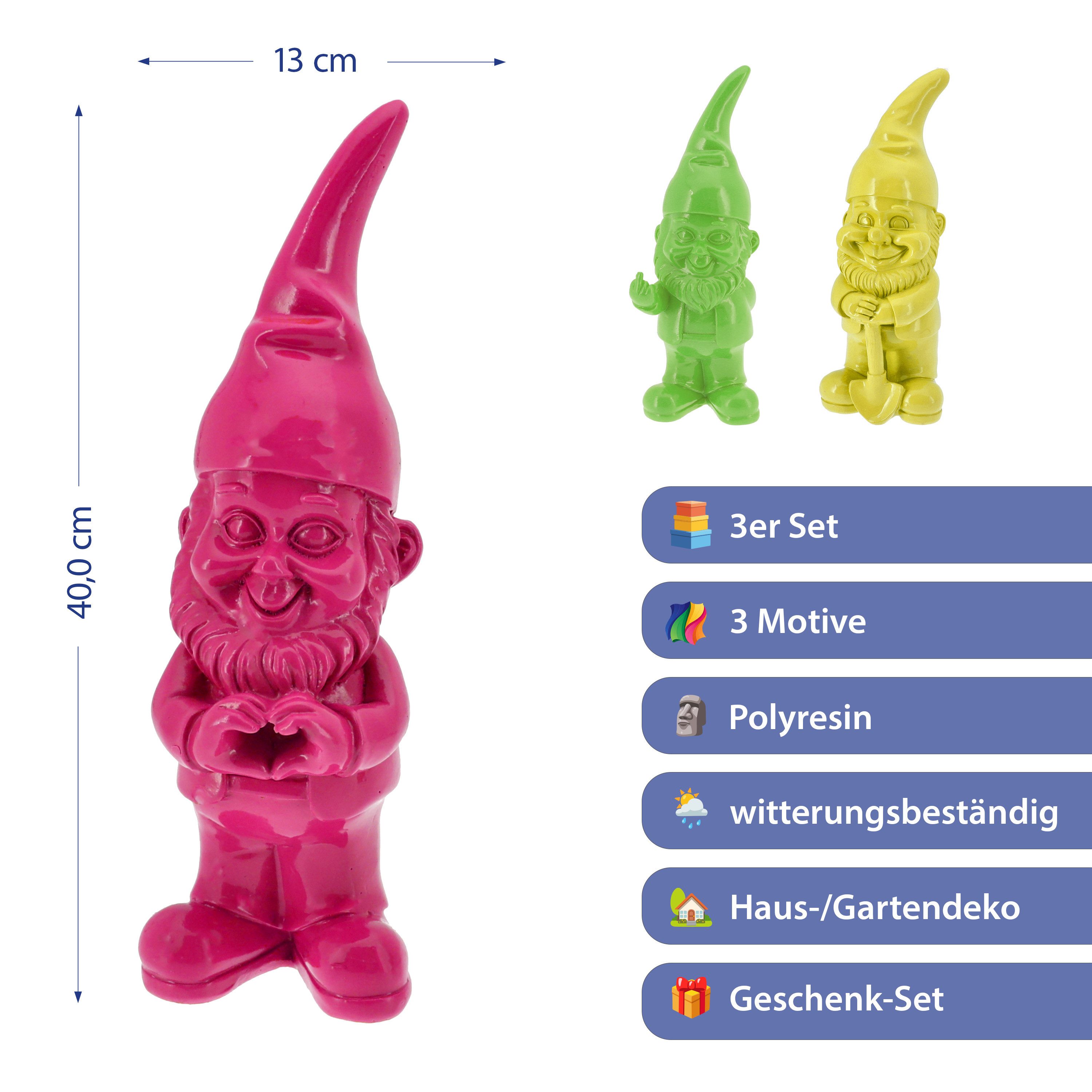 CEPEWA Gartenzwerg XL Gartenzwerg 3er Set Polyresin pink gelb grün 13x40x12cm Figur – Bild 2 von 5