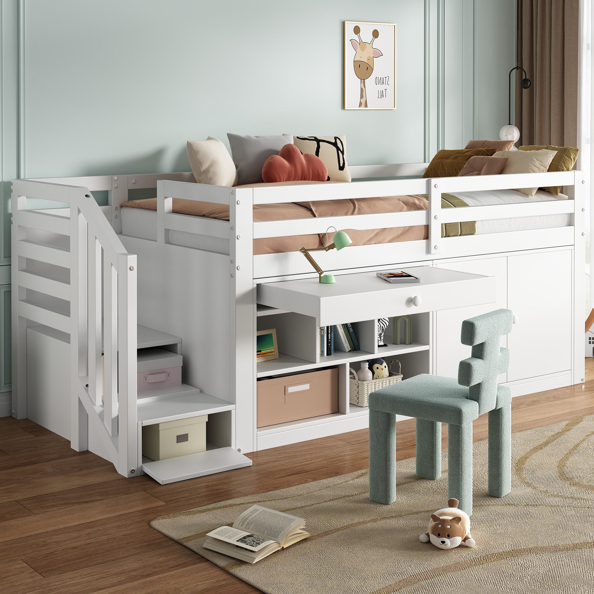 Flieks Hochbett Massivholz Kinderbett mit Schrank, Treppe und Leiter 90x200 günstig online kaufen
