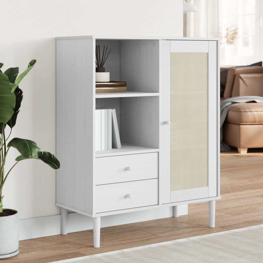 furnicato Highboard Weiß 90 x 40 x 112 cm aus massivem Kiefernholz mit (1 St), Sideboard mit Poly-Rattan-Front, 2 Schubladen und 5 Fächern für Heim