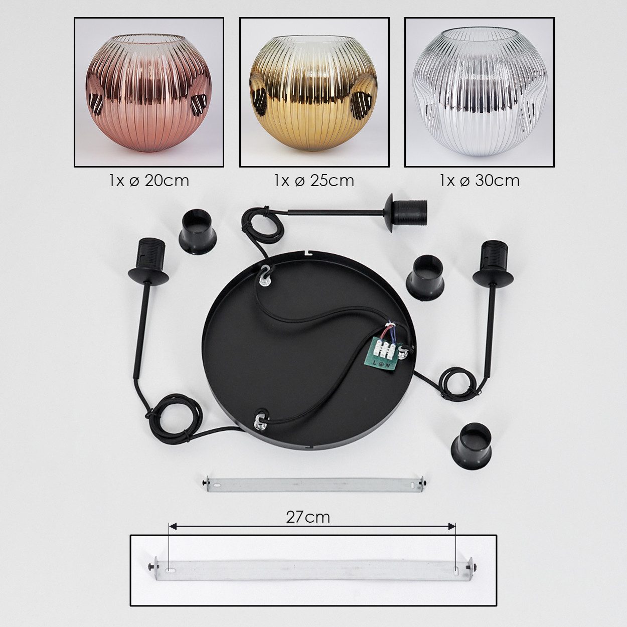 hofstein Hängeleuchte Hängelampe Metall/Riffelglas in Schwarz/Gold/Kupfer/Chrom/Rauch/Klar, Hängeleuchte im modernen Retro/Vintage-Design (20; 25; 30 cm),3xE27