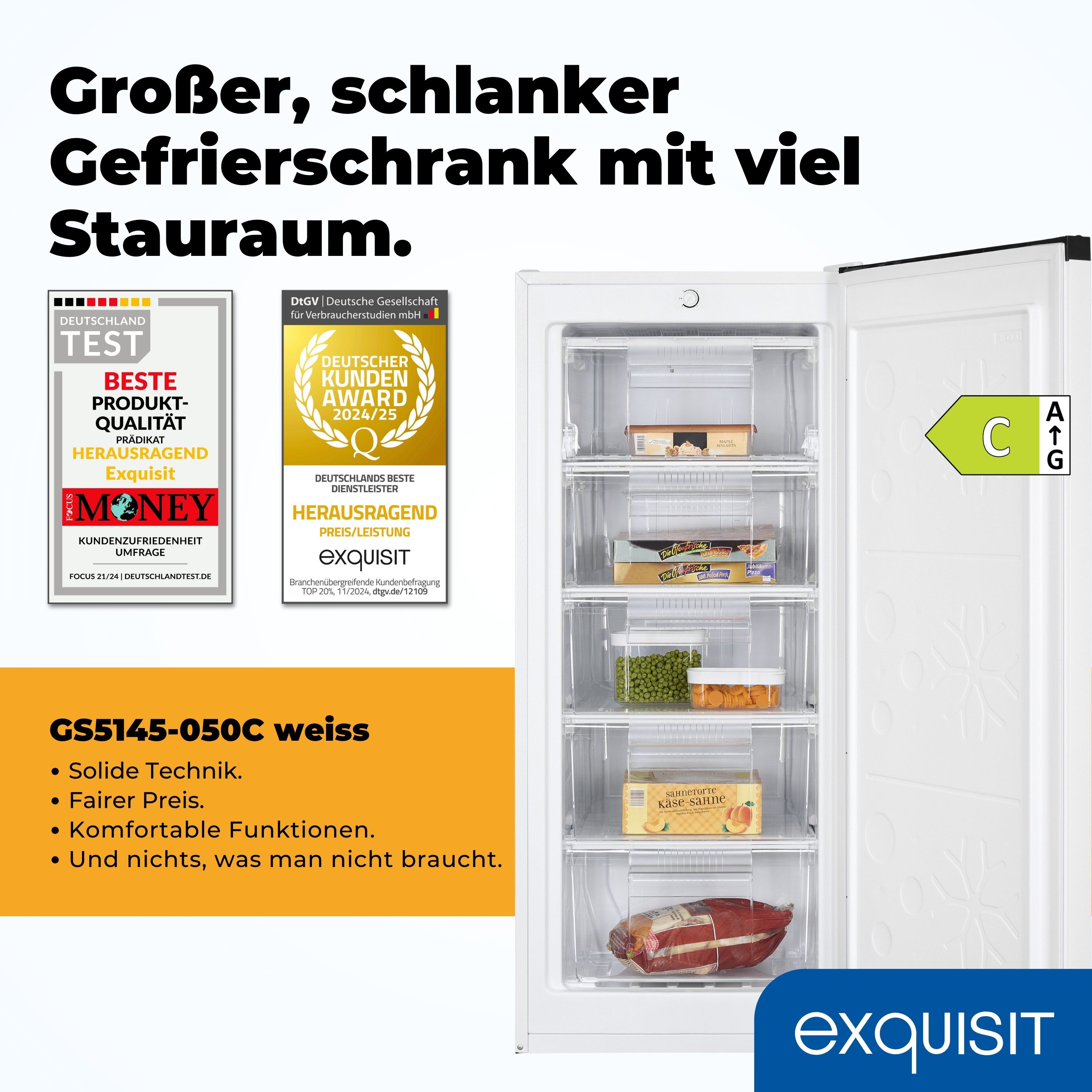 exquisit Gefrierschrank GS5145-050C, 125.9 cm hoch, 54 cm breit,4-Sterne-Gefrieren, Wechselbarer Türanschlag, höhenverstellbare Füße