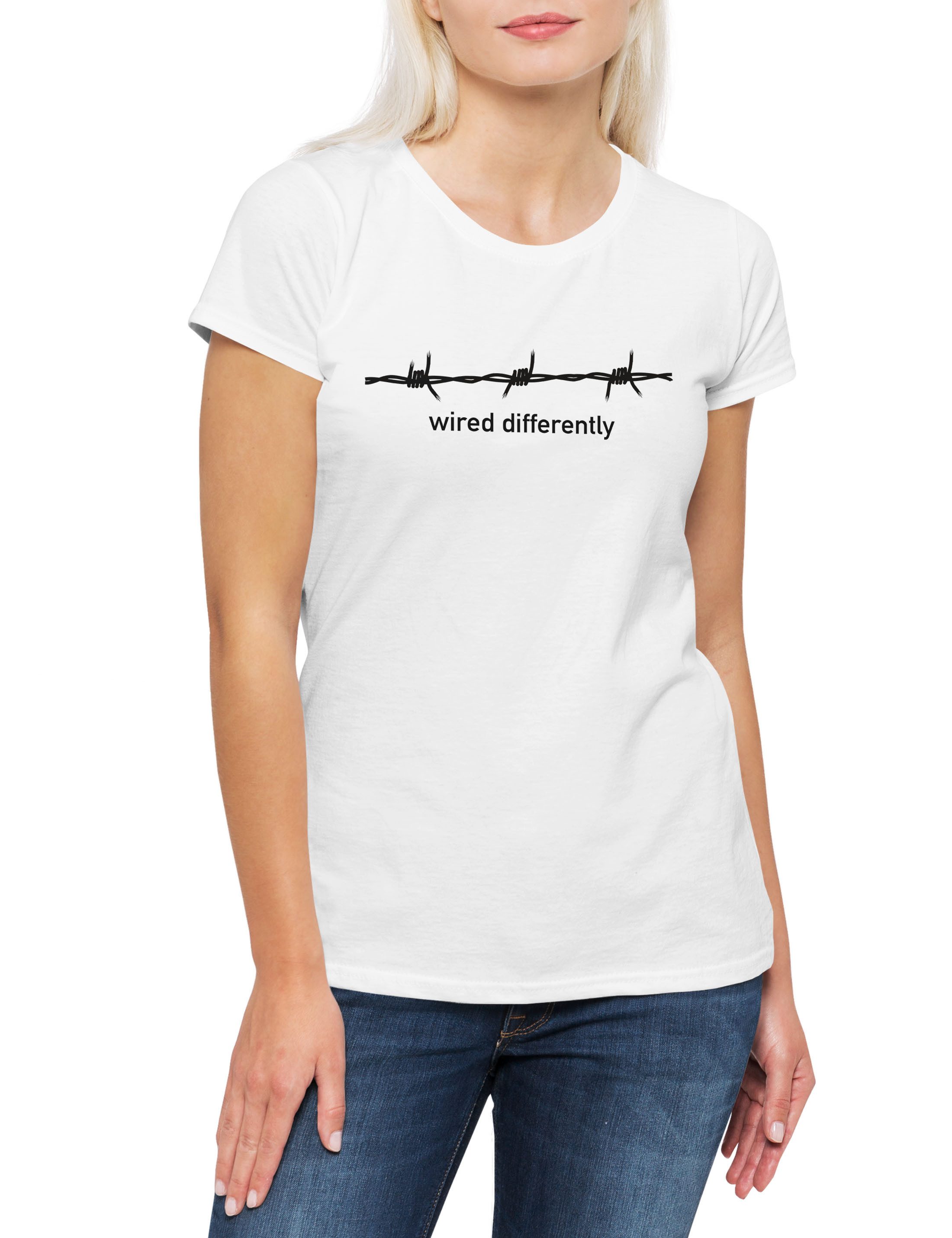 Print-Shirt Wired Differently A Damen T-Shirt Stacheldraht Außenseiter ADHD