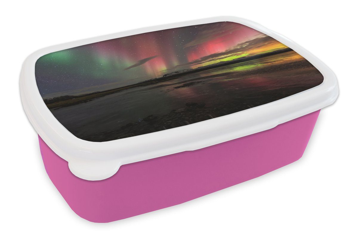 MuchoWow Lunchbox Nordlichter - Island - Farben, Kunststoff, (2-tlg), Brotbox für Erwachsene, Brotdose Kinder, Snackbox, Mädchen, Kunststoff rosa