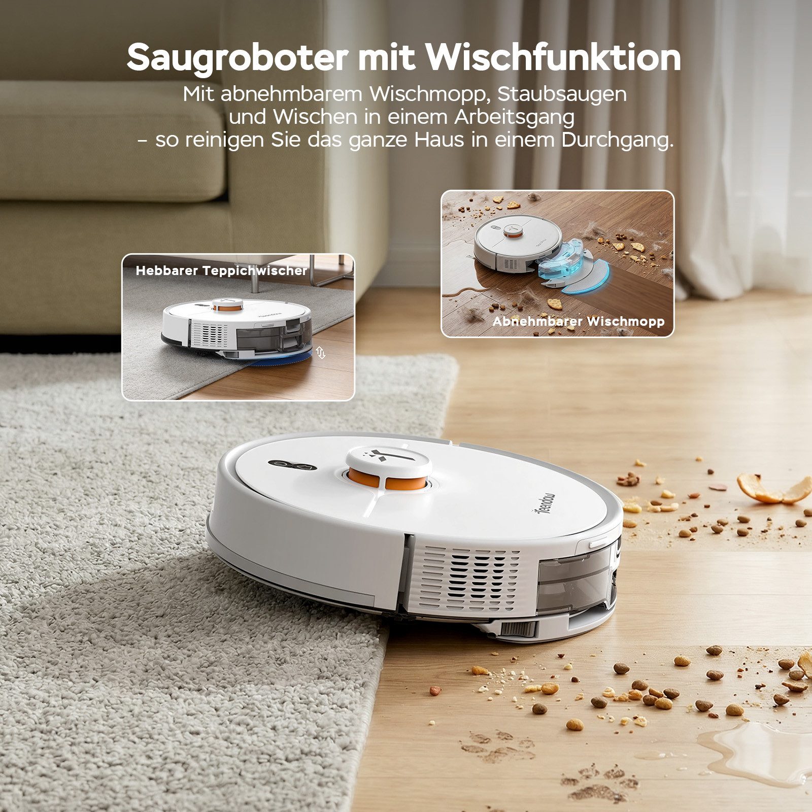 Teendow Saugroboter 8000Pa Saugroboter mit Wischfunktion & Selbstreinigung Tierhaare, 850 W, mit Beutel, Mit Haarschneidemaschine für die Haustierpflege,70 Tage,240min,3L