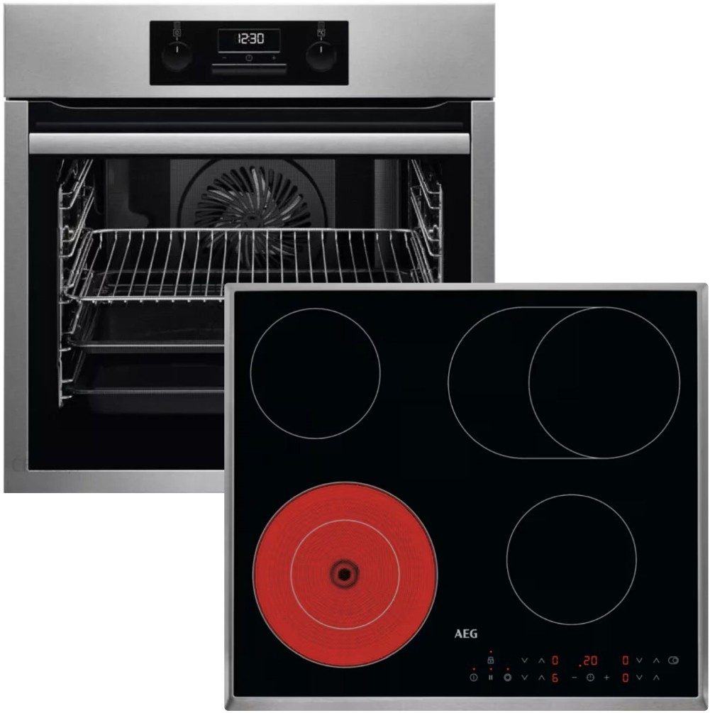 AEG Backofen-Set Edelstahl 71 L versenkbare Drehknöpfe Glaskeramikkochfeld Bräterzone, mit 1-fach Teilauszug, Aqua Clean