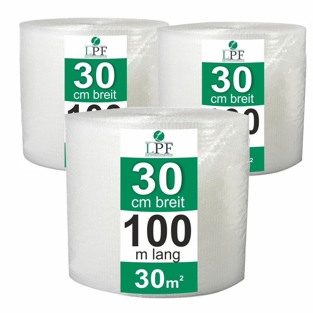 LPF dieLUFTPOLSTERFOLIE Schutzfolie 3 x Luftpolsterfolie Breite 30cm x Länge 100m Blasenfolie Rolle