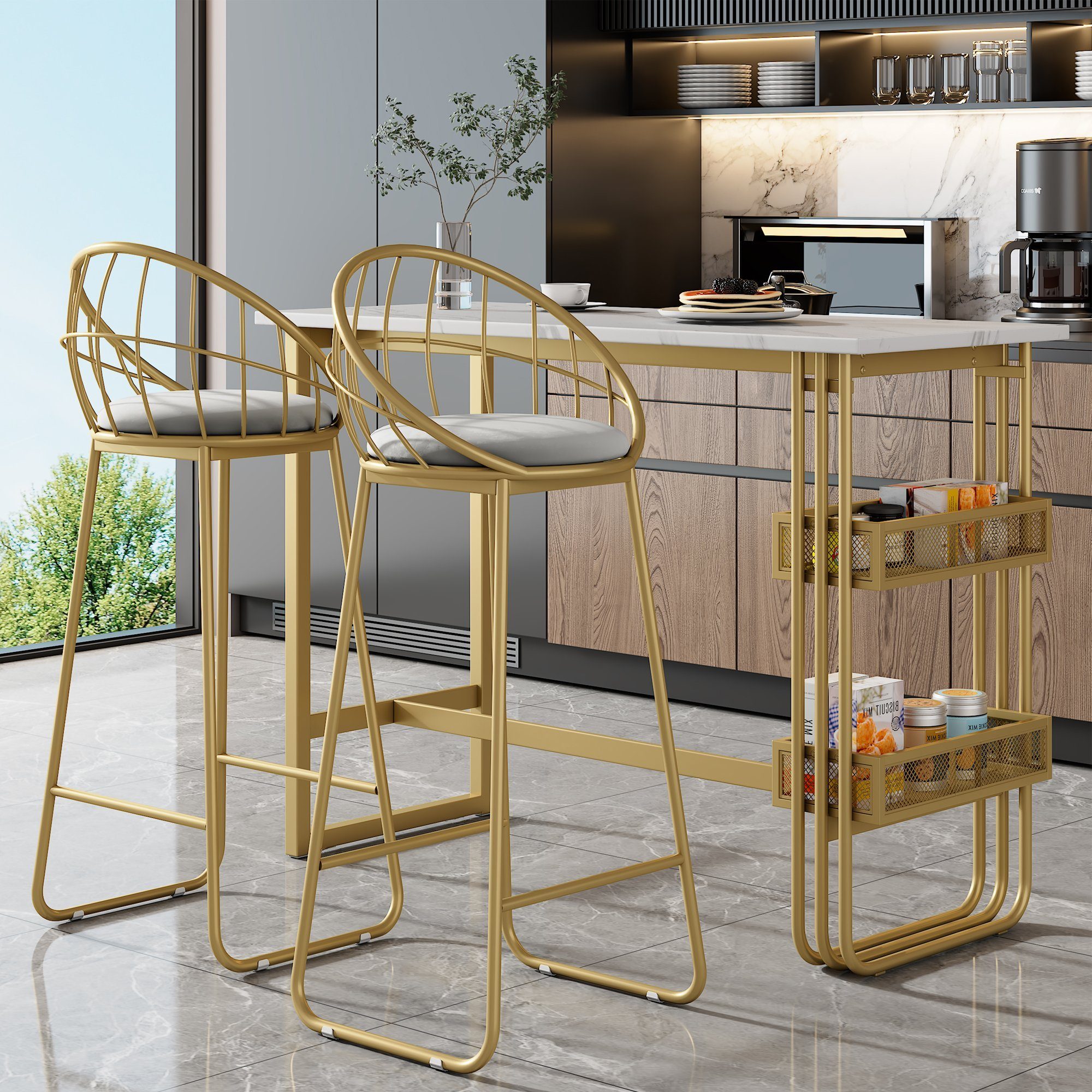 Ulife Essgruppe mit Barstühle, goldfarben, mit Regalen, Metall, MDF, (Set, 3-tlg., 1 Bartisch mit 2 Barstühle), 120×48×100cm