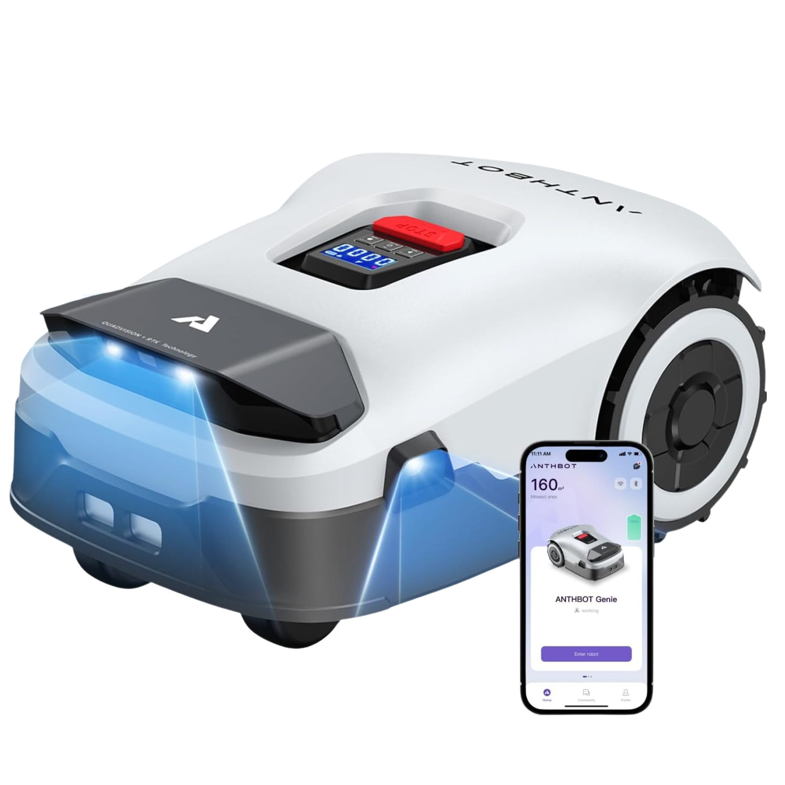 ANTHBOT Rasenmähroboter Genie Serie – Max.10000mAh Akku, bis zu 3600m², bis 900 m² Rasenfläche, (Ohne Begrenzungsdraht • RTK+4-Kamera Vision • KI-Hindernisvermeidung), Kantenmähen, Mehrzonen-Management, WiFi/Bluetooth