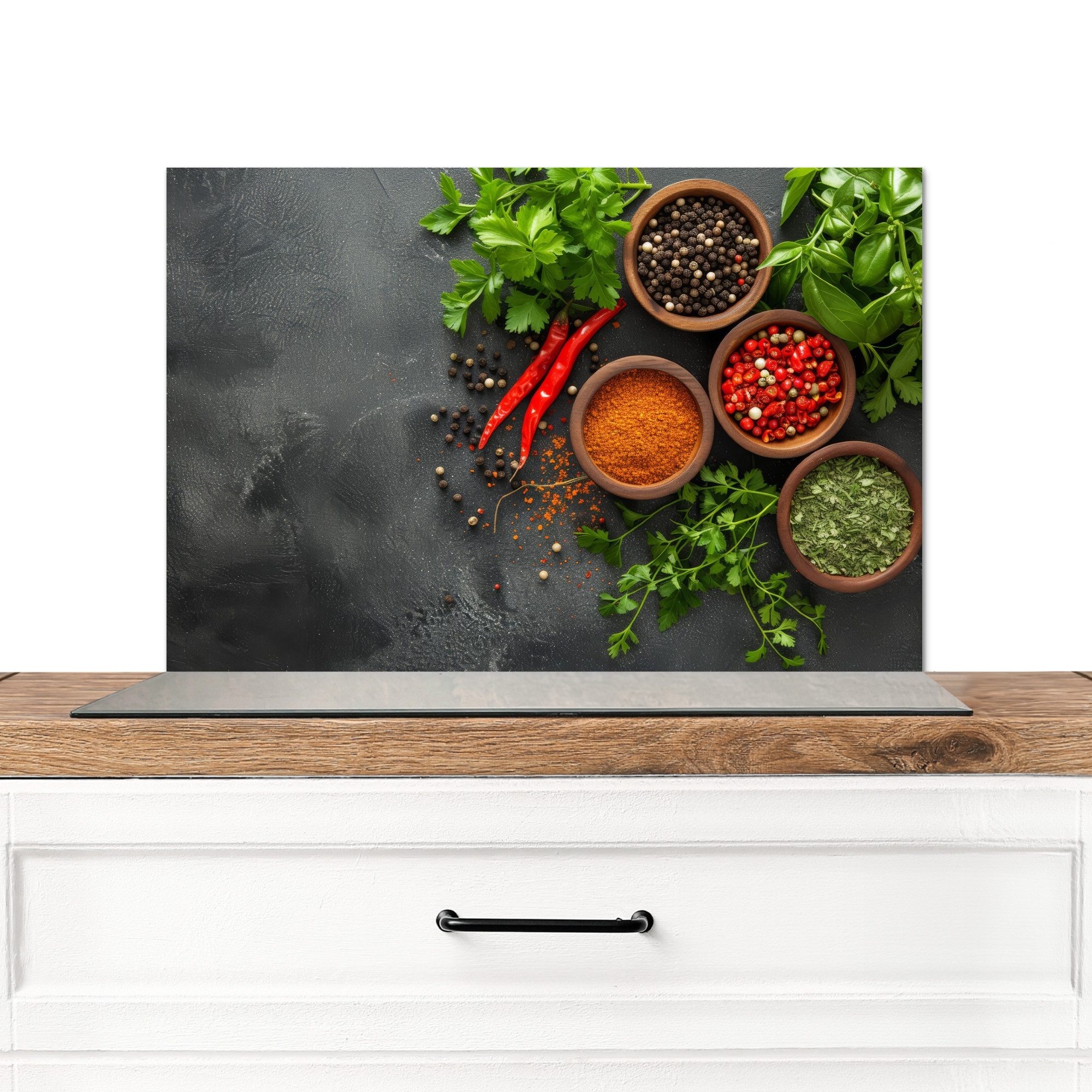 MuchoWow Küchenrückwand Kräuter - Paprika - Betonoptik/print, (1-tlg), Spritzschutz Küche, Küchendeko, 60x40 cm