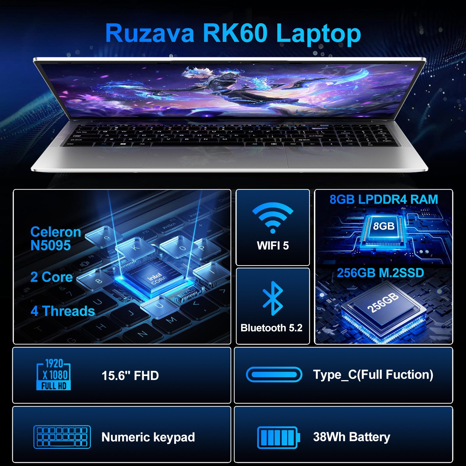 bvate RK60 Laptop 15.6 Zoll 8GB RAM 256GB SSD 1920x1080 Notebook (Celeron N5095, Celeron N5095, 8 GB, 256 GB SSD, 180° Drehung/Low Blue Light-Zertifizierung/Deutsche Tastaturaufkleber)