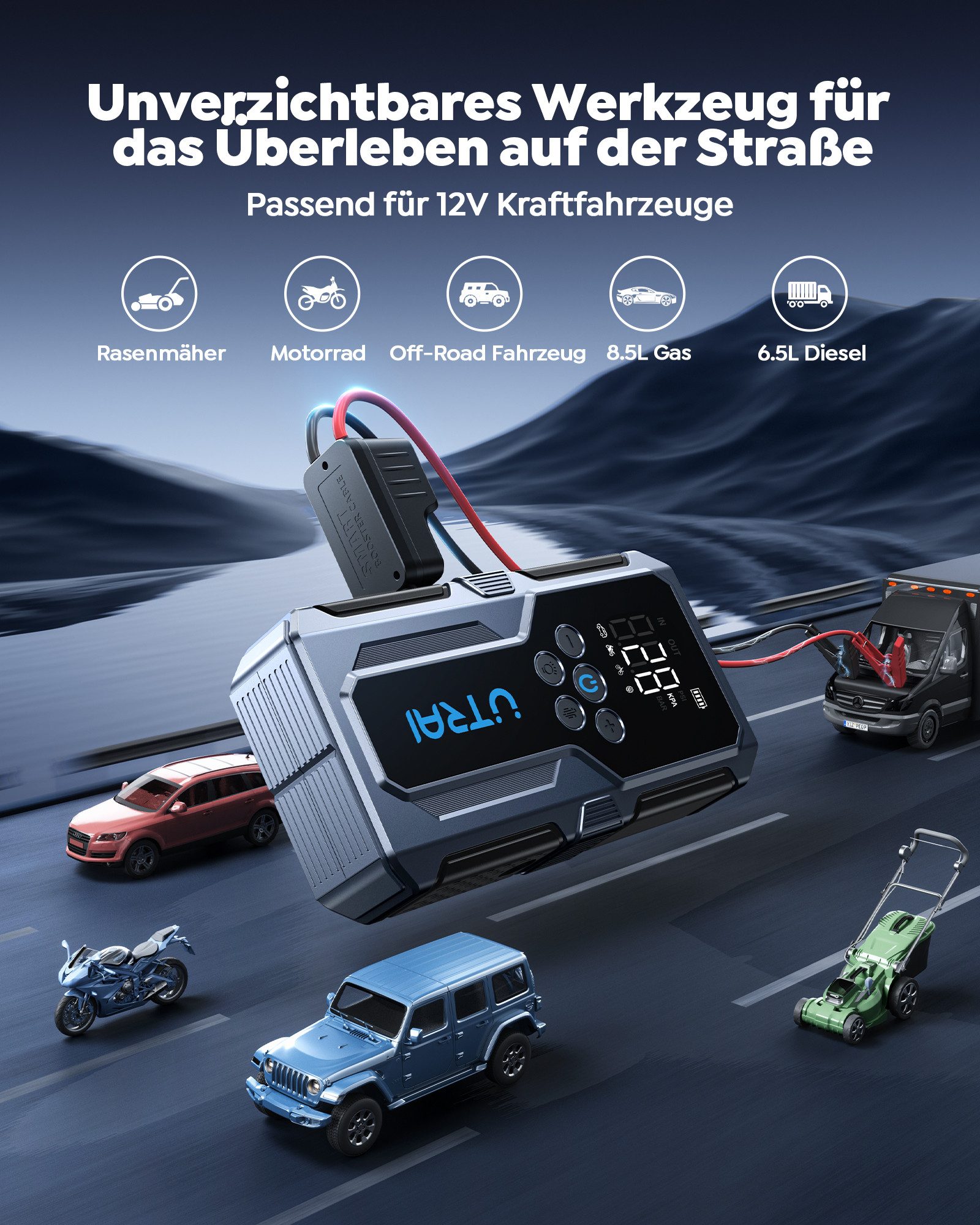 UTRAI 1500A Starthilfe Powerbank fürs Auto 15000 mAh, 18W Schnellladung Starthilfegerät, 150 PSI-Reifenfüller, 4-in-1 Powerbank mit 3 Leuchtmodi