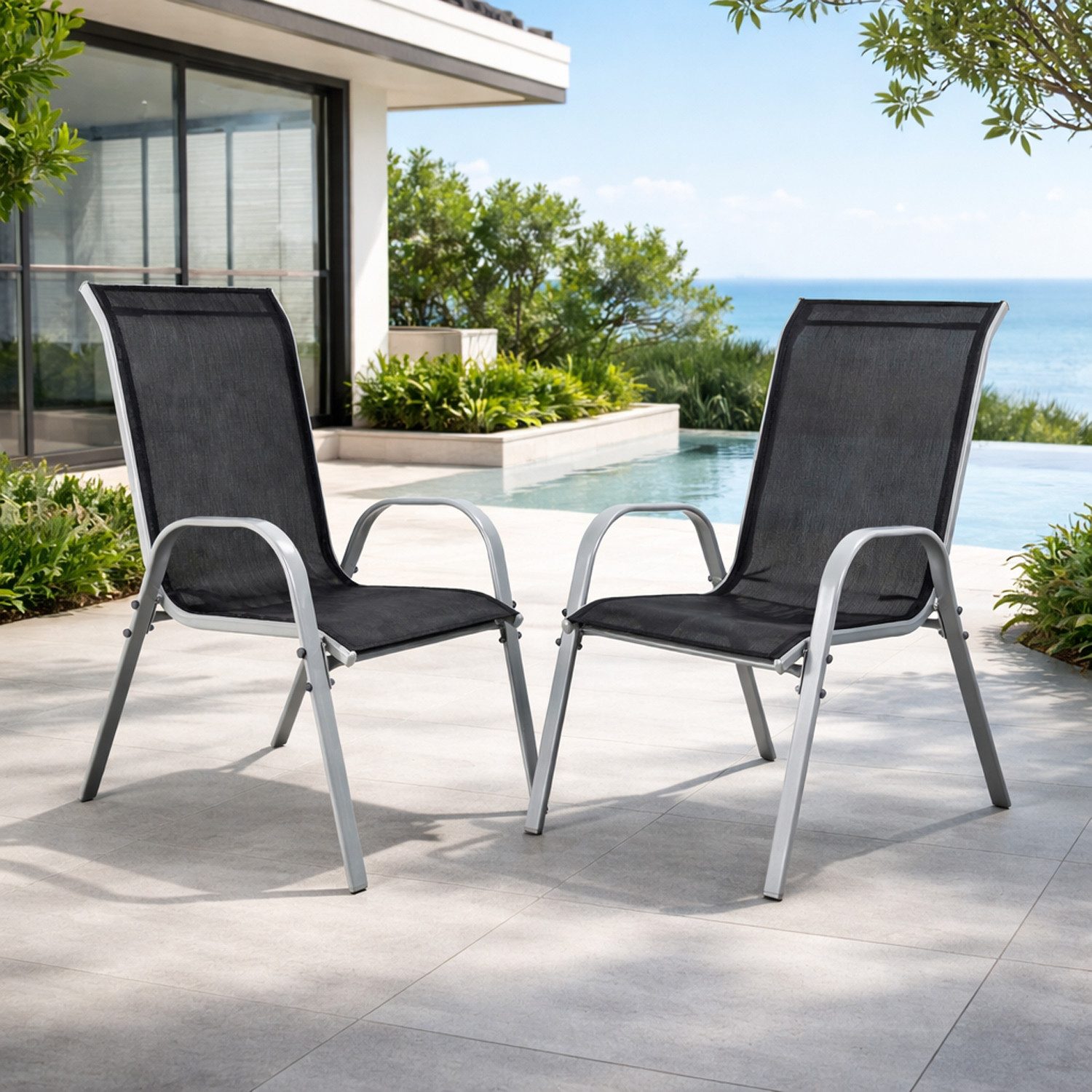 Mojawo Armlehnstuhl 2xOutdoorstuhl Gartenstuhl Stapelstuhl Metall Silber Textilen Schwarz