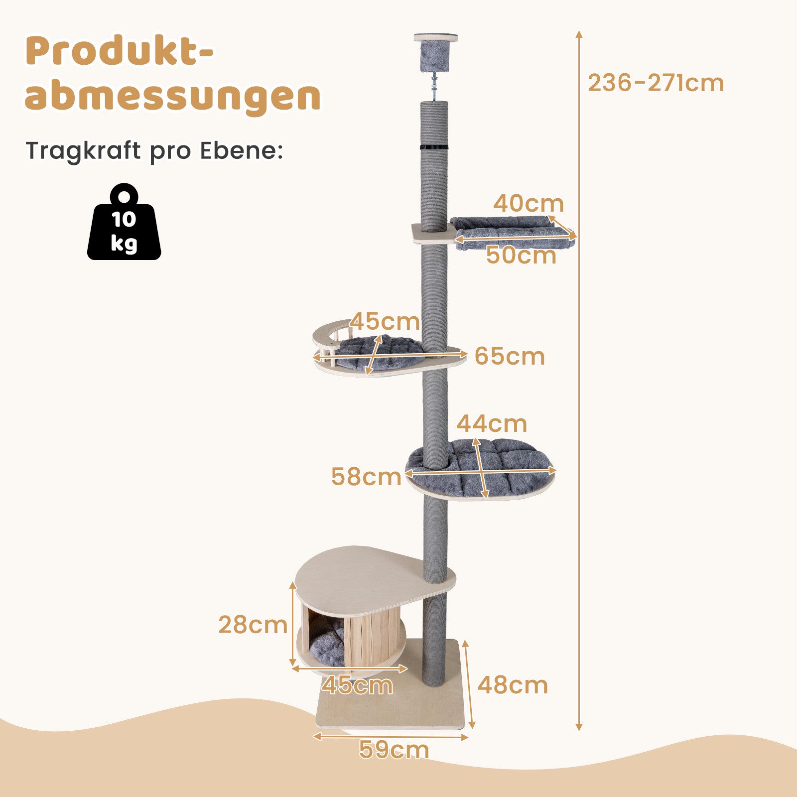 COSTWAY Kratzbaum, 5-stöckiger Katzenbaum, Kletterbaum deckenhoch, 236-271 cm