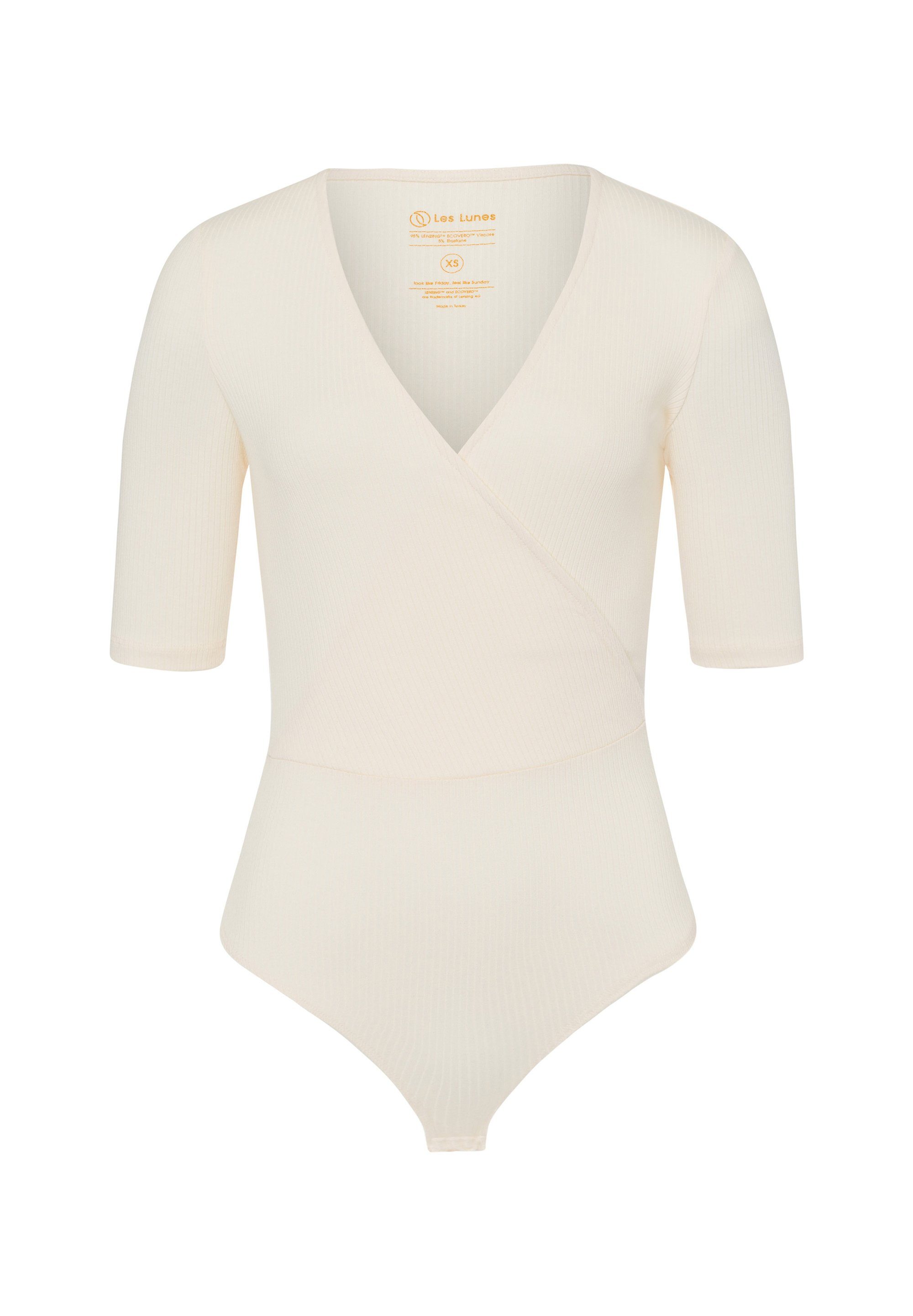 Les Lunes Kurzarmbody Zoey Wickelelement, Ripp-Optik, tiefes Dekolleté, Tangapassform,Druckknöpfe