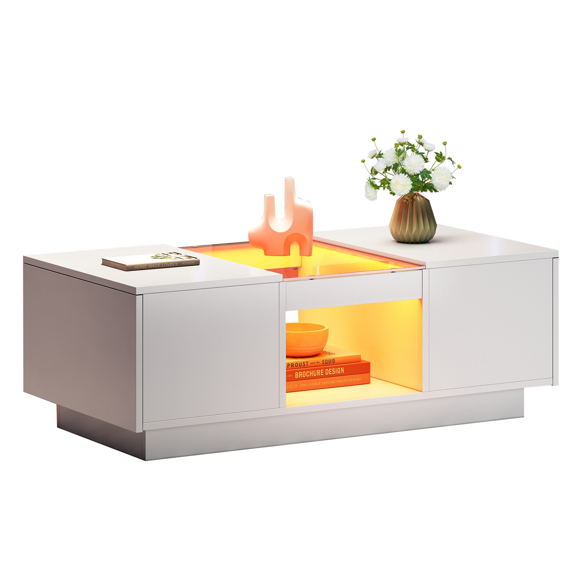 Merax Couchtisch mit LED-Beleuchtung und Glas-Tischplatte (100*50*35.5cm, 1-St), Sofatisch Beistelltisch Wohnzimmertisch mit Schubladen & offenes Fach